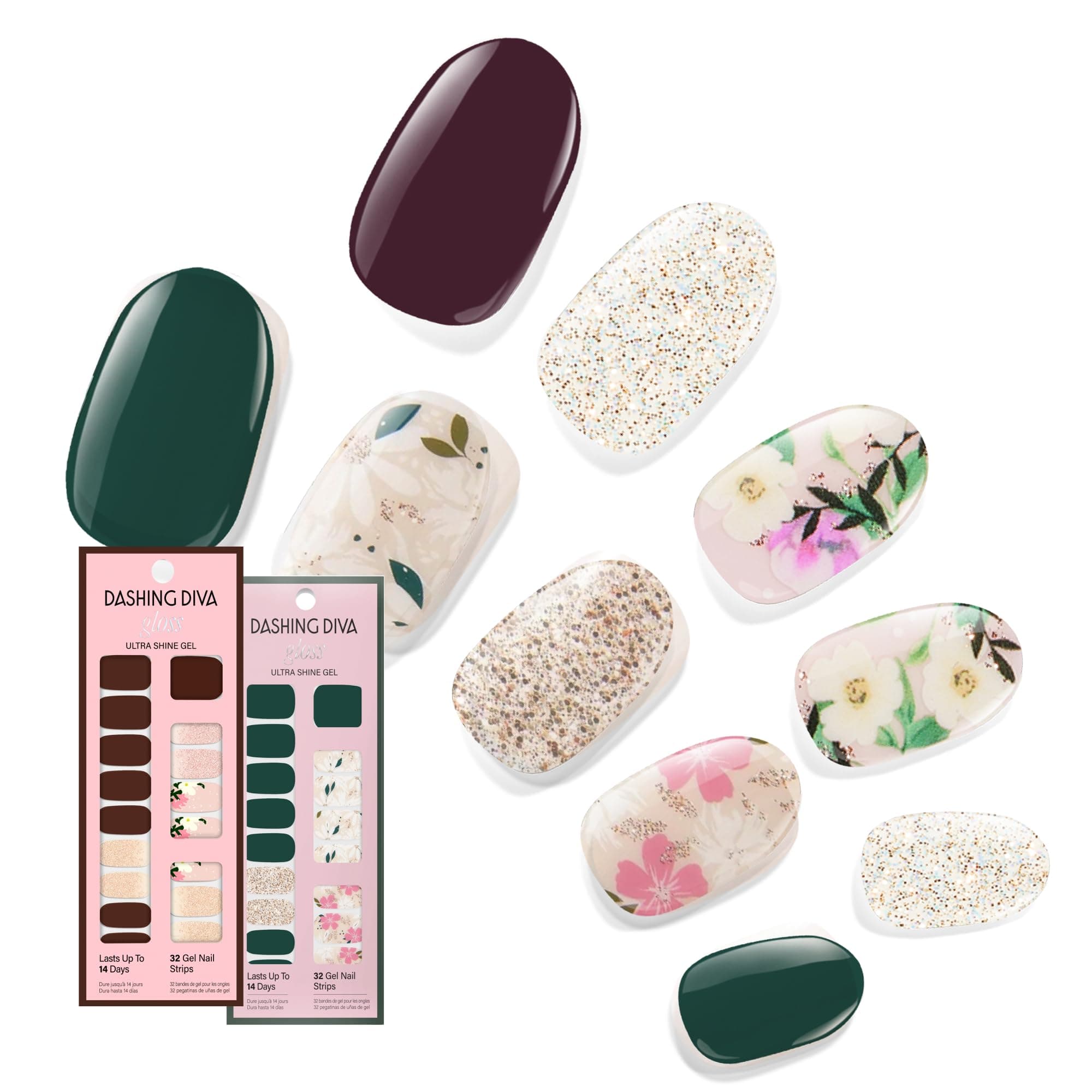 Dashing Diva Gloss Nail Strips Bundle - The Winter Florals Collection- Baby Bouquet & Magnolia Vine - UV Free, Chip Resistant, Long Lasting Gel Stickers - Contains 2 Sets