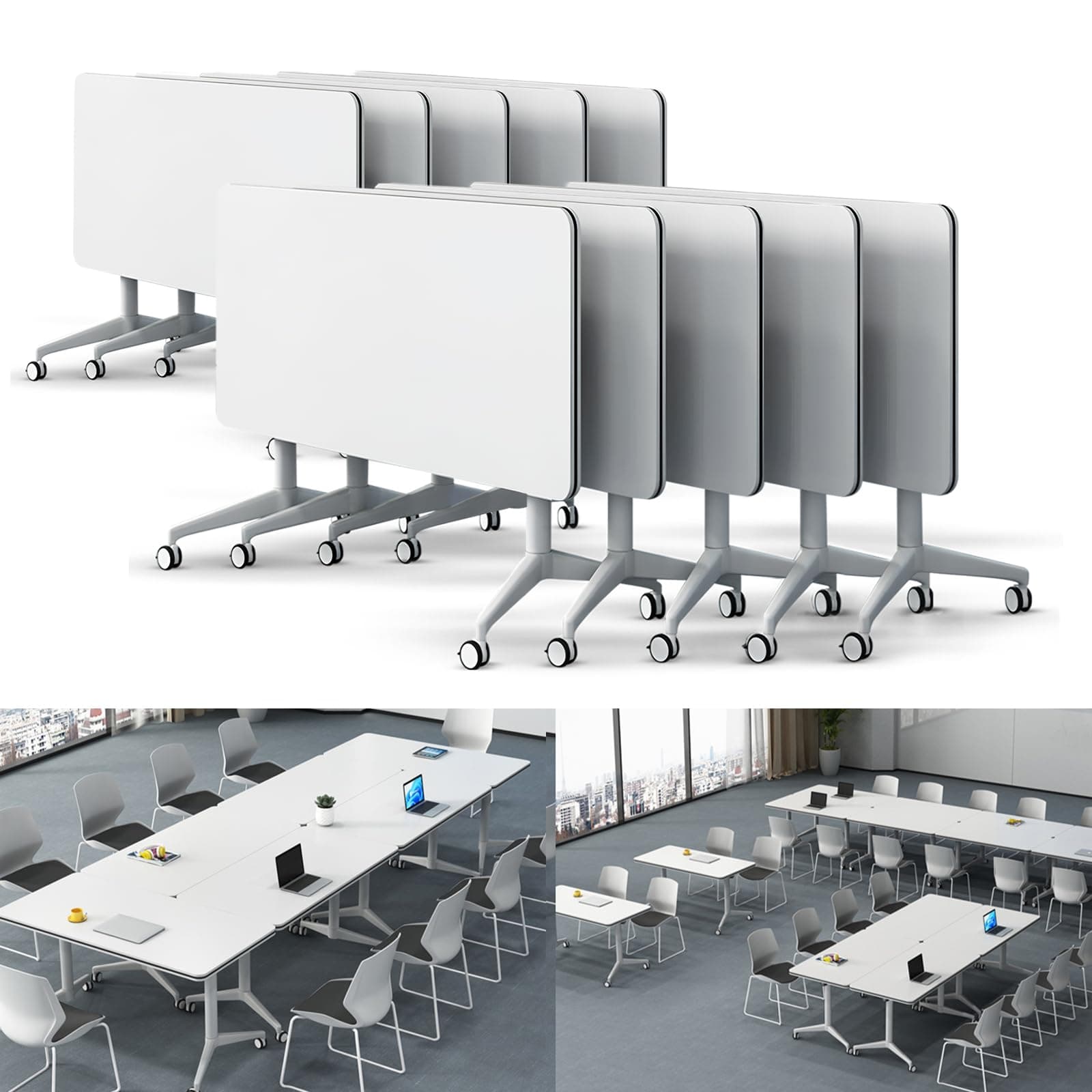 Folding Conference Table Modern Large Mobile Meeting Table Rolling Conference Room Tables with Wheels Seminar Tables for Office Training Classroom (10, White, 55" D X 23.6" W X 29.5" H)