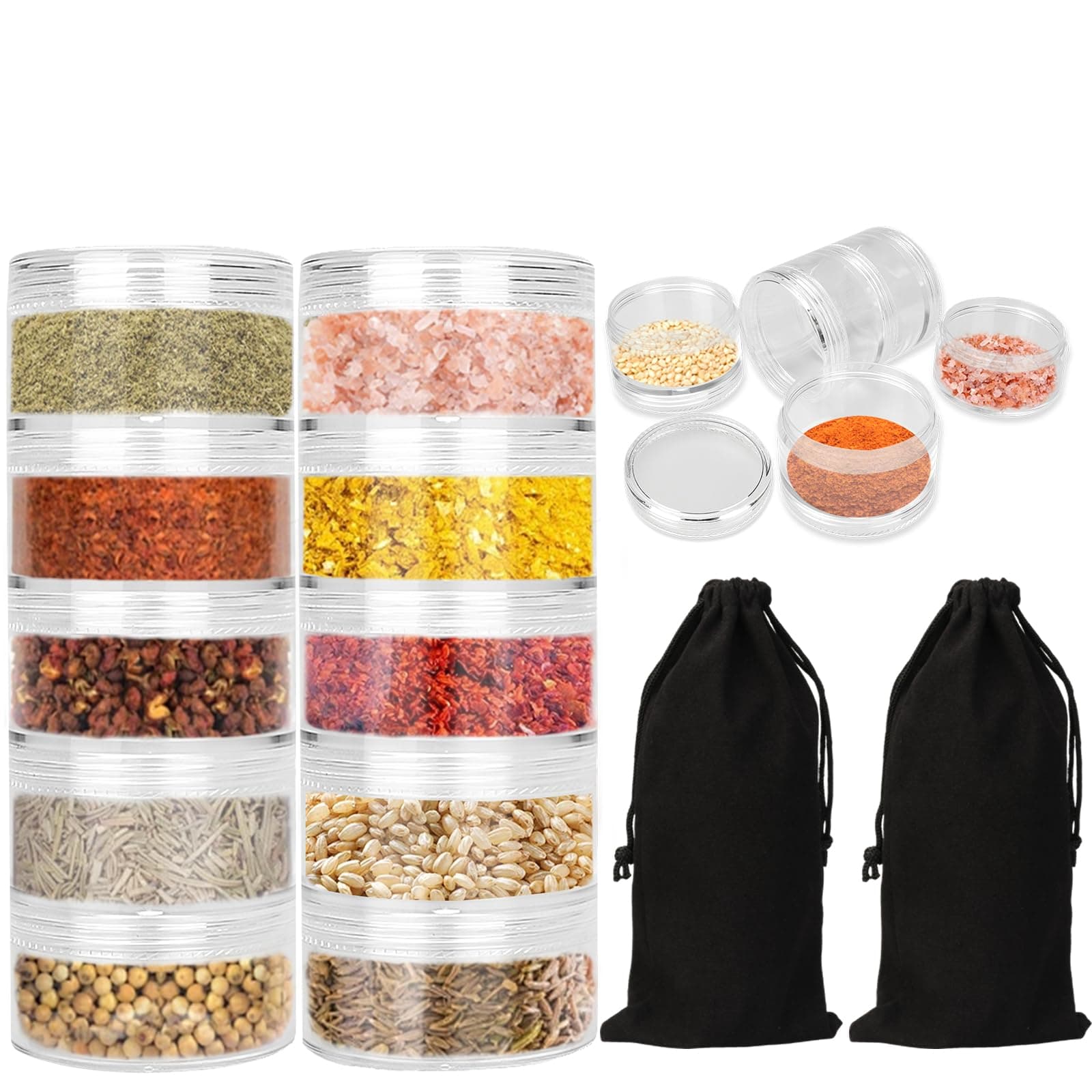 2 Sets 5 Layers Clear Portable Travel Spice Jars, Multi Camping Spice Containers with Organizer Bag, Stackable Spice Salt and Pepper Set for Outdoor Cooking, Camping, Traveling, Barbecuing