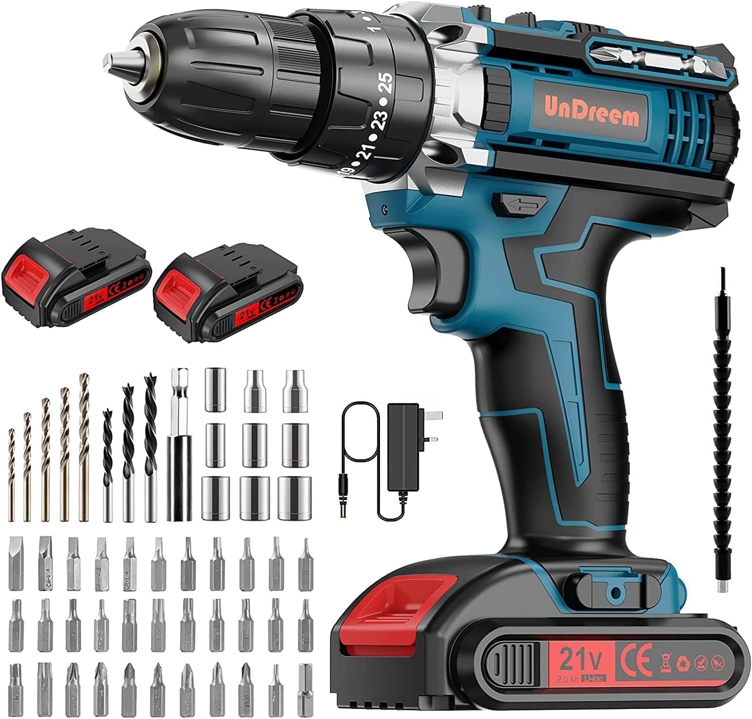 Cordless Drills, Electric Drill 21V Max Power Drill Impact Driver, Combi Drill Kit with 2 * 2000mAh Li-Ion Battery, 45 Nm Electric Screwdriver, 25+3 Torque, 57 Pieces Accessory