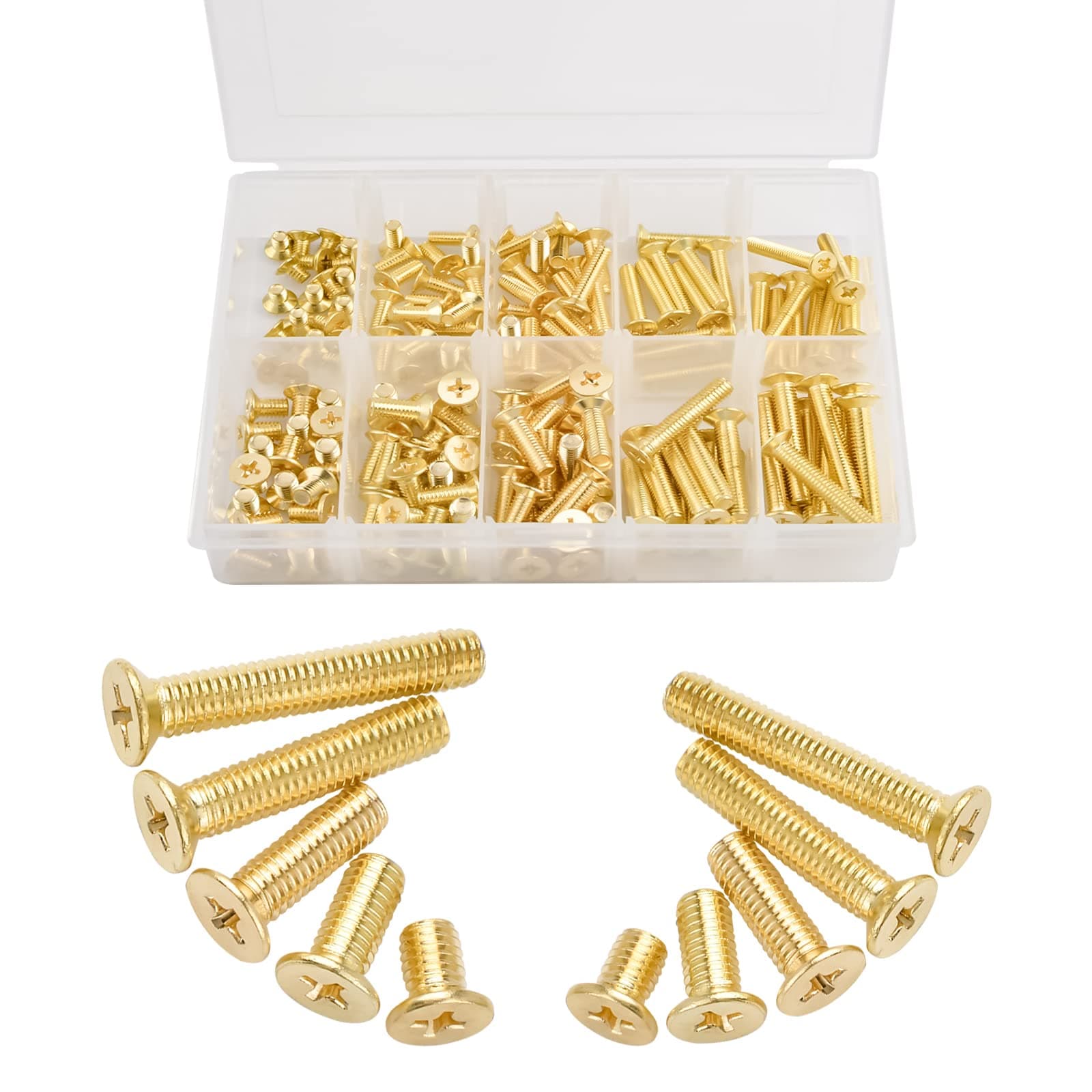 INCREWAY Machine Screws, 160 Pcs M4 M5 10 Sizes Brass Flat-Head Bolts Phillips Drive Machine Screws Assortment Kit