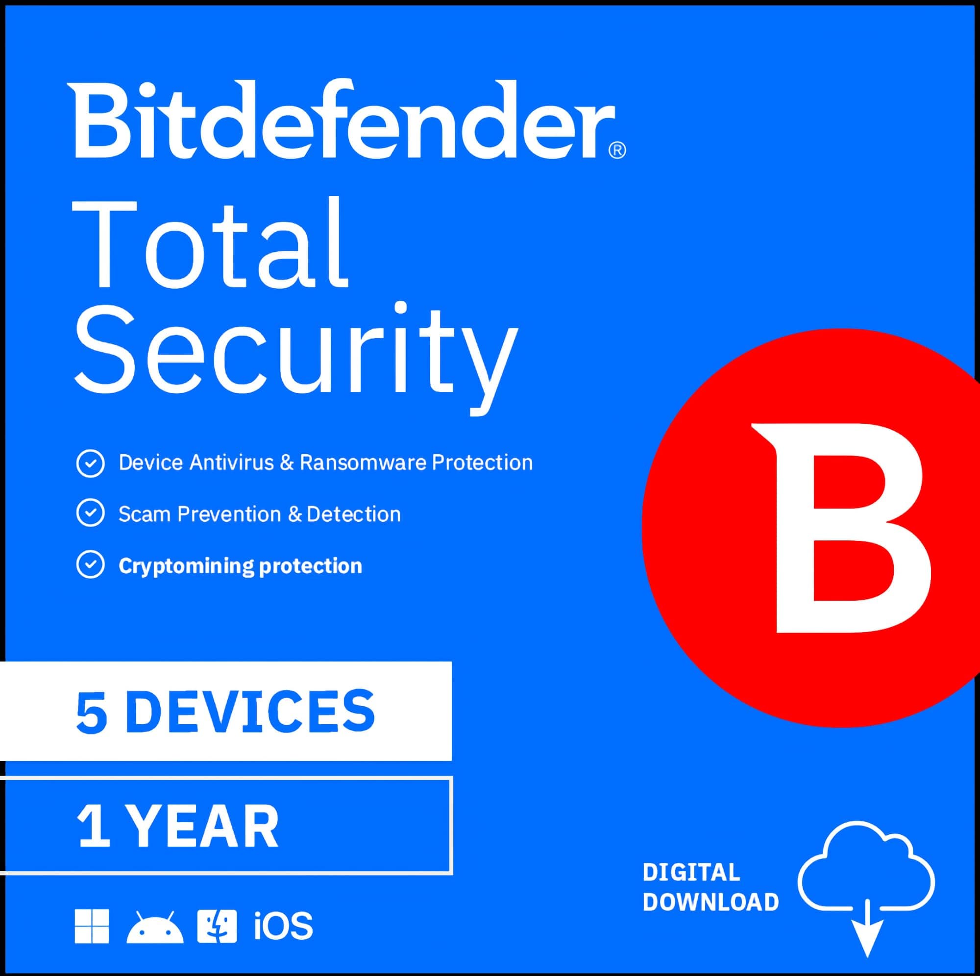 Bitdefender Total Security - 5 Devices | 1 year Subscription | PC/Mac | Activation Code by email
