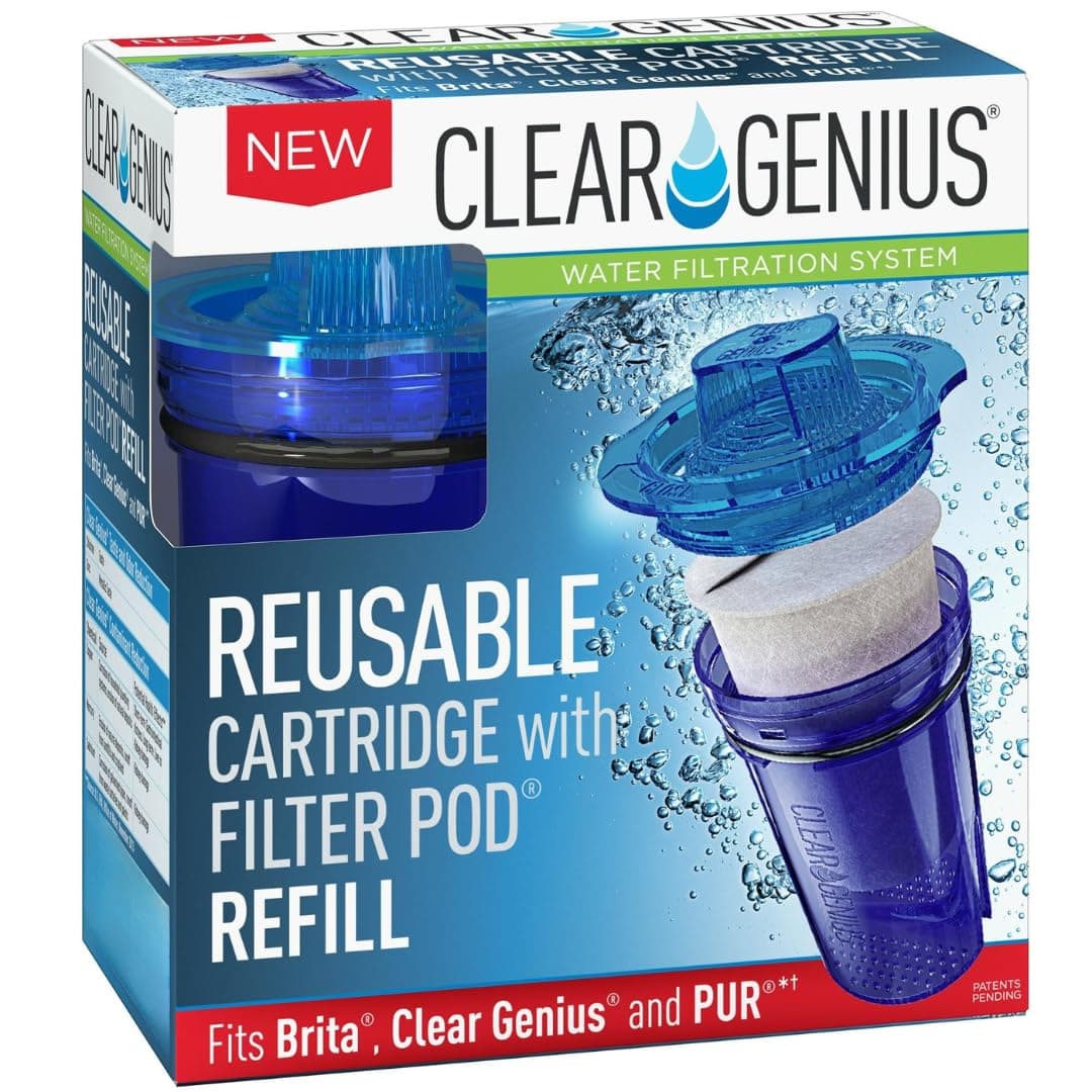 Reusable Cartridge with Filter Pod Refills - Replacement Water Filter Cartridge Compatible with Brita, Pur & Clear Genius Pitchers - Long-Lasting Filter Cartridge (Cartridge with 1 Filter Pod Refills)
