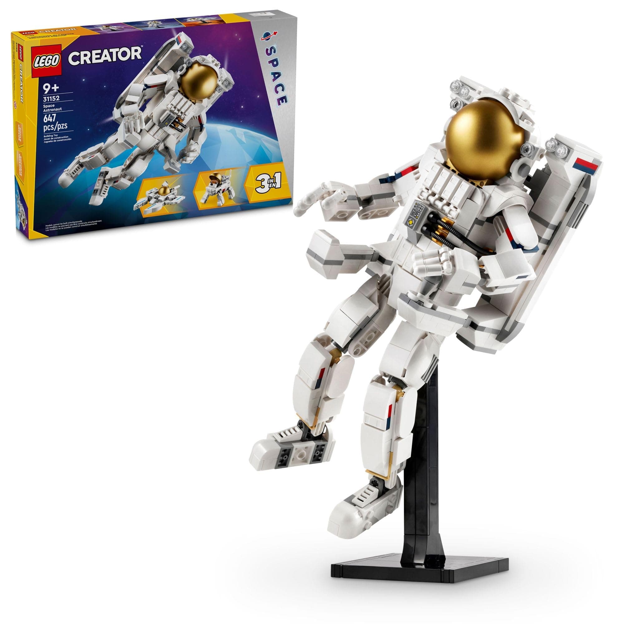 Creator 3 in 1 Space Astronaut Toy, Building Set Transforms from Astronaut Figure to Dog to Viper Jet, Space-Themed Gift Idea for Boys and Girls Ages 9 Years Old and Up, 31152