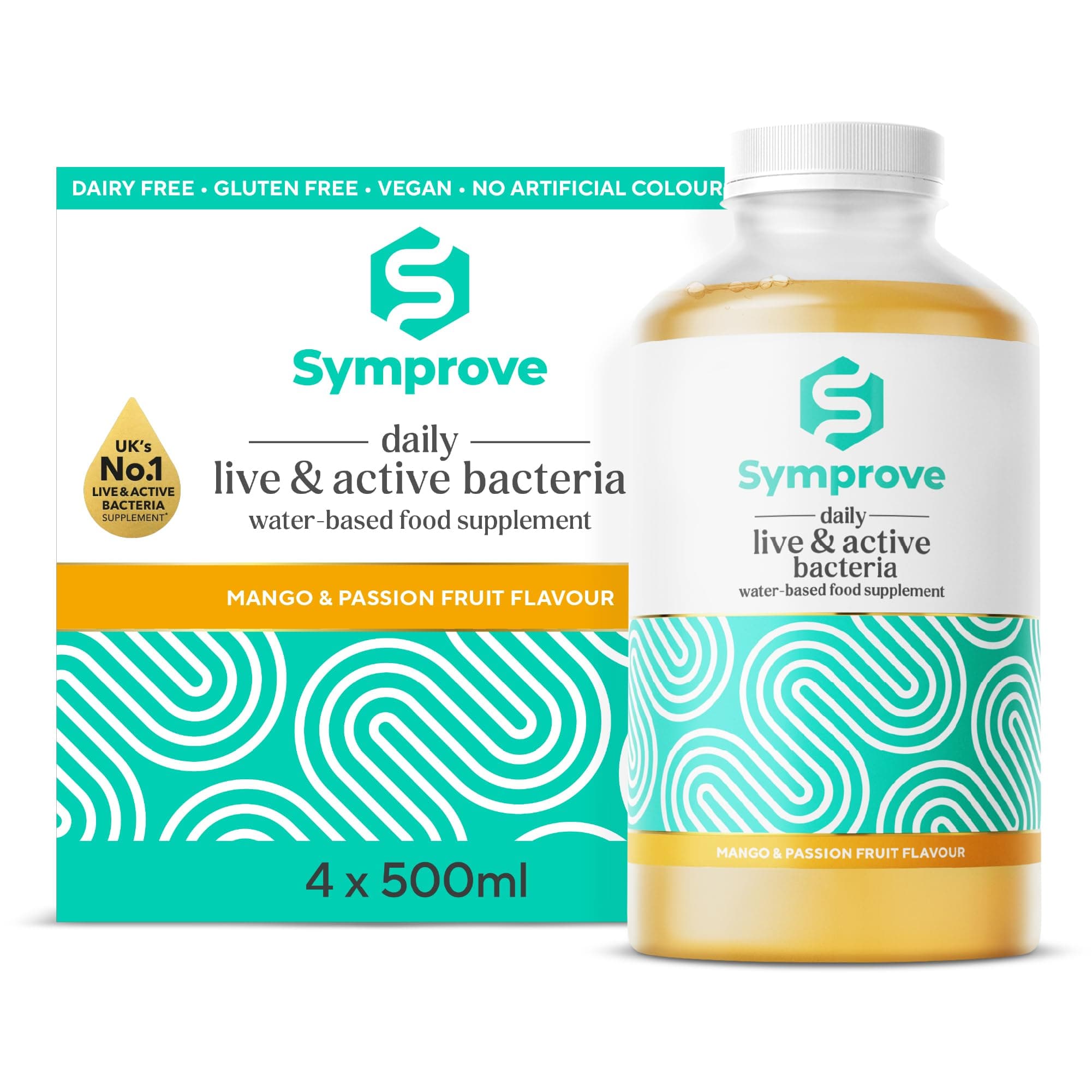 Symprove Liquid Probiotic, Billions of Live & Active Bacteria, Mango & Passionfruit Flavour, Water-Based, Dairy & Gluten Free, Vegan (4 x 500ml)
