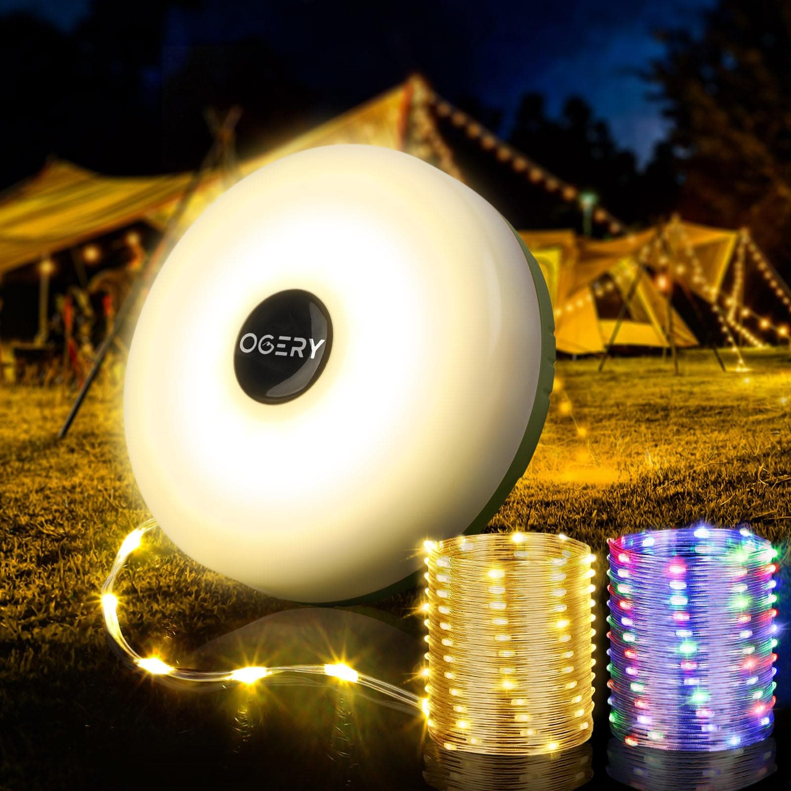 OGERY Camping String Lights 4 in 1 Quick Storage 32.8ft Rechargeable Tent Lights String 8 Lighting Modes Hanging Waterproof Portable LED Lamp Outdoor Patio Awning Garden Party Essential
