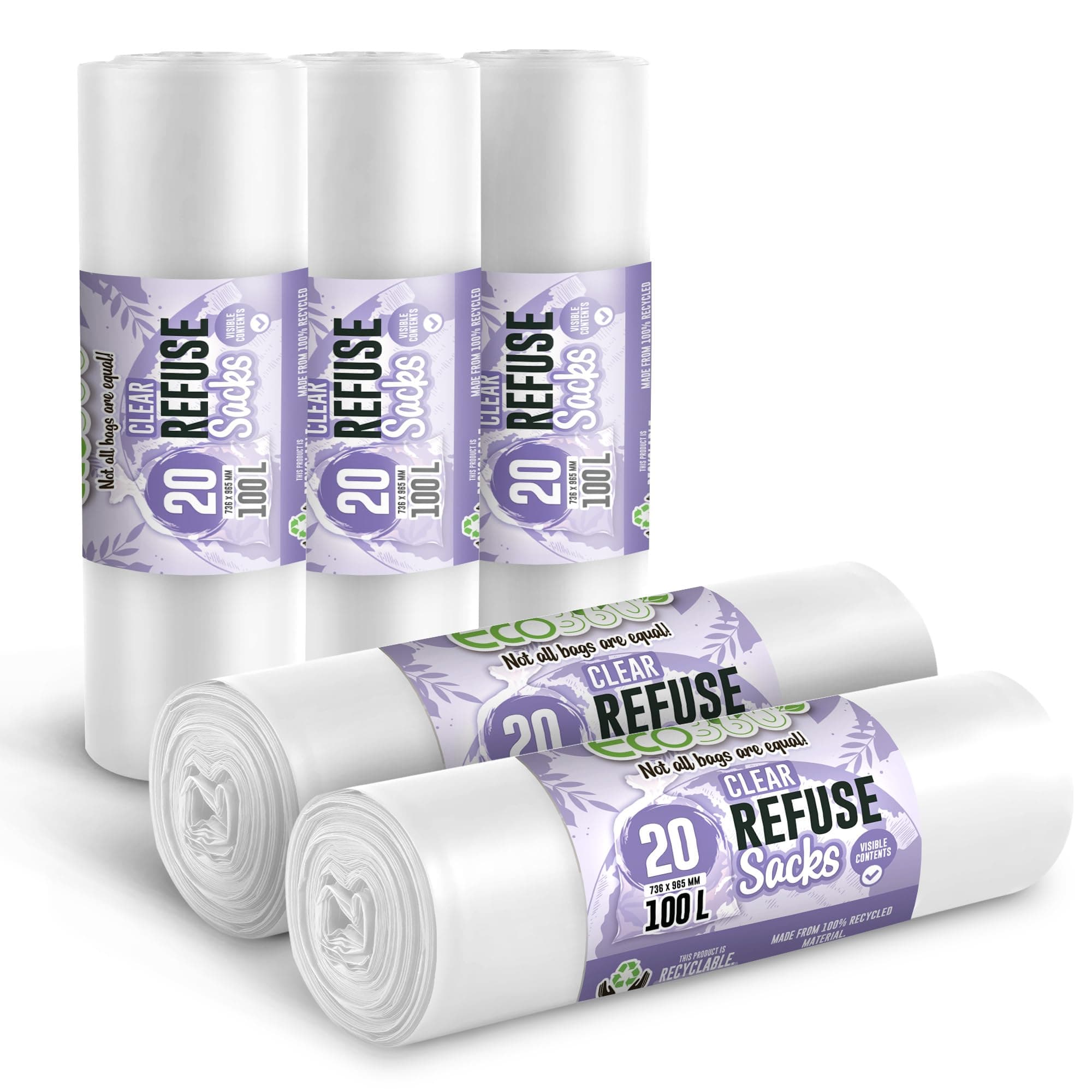 EcoBag - 100 Pack Heavy Duty White Bin Liners - 100L - 22 Microns - Extra Strong, Leak-Proof, Tear-Resistant Bags for Kitchen, Home & Office (736x965mm)