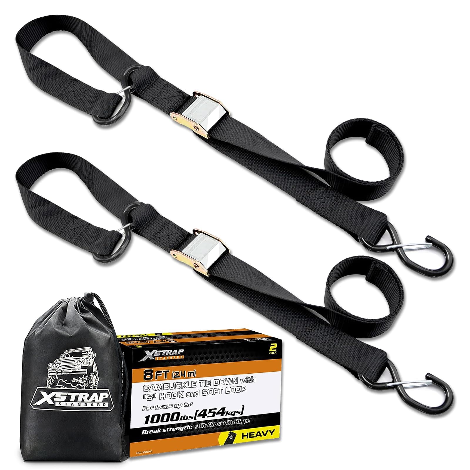 Motorcycle Tie Down Straps (2 Pack) 3,000lb Break Strength, 1.5 in X 8FT Heavy-Duty Cambuckle Tie Down Set with S Hook and Soft Loops, Black