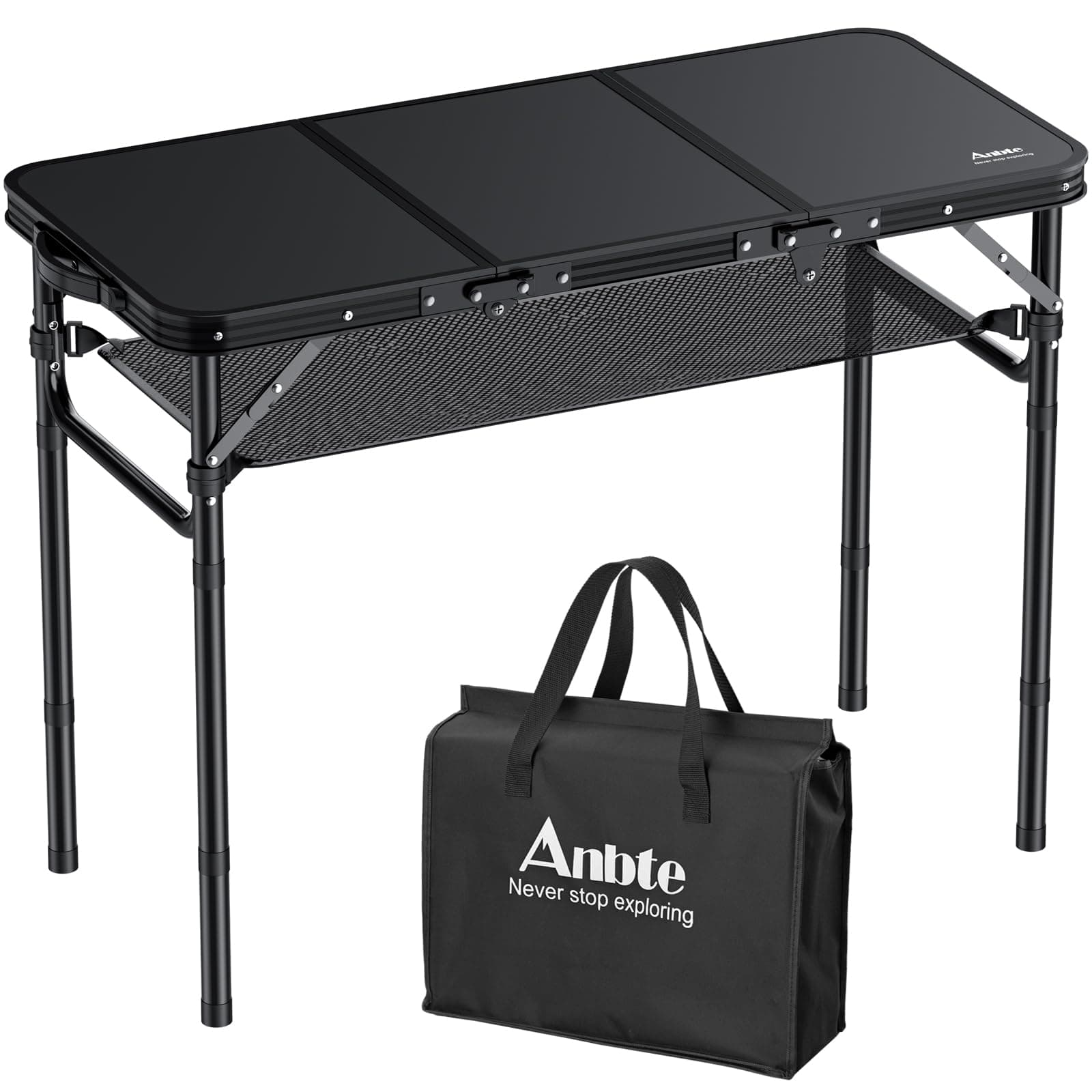 Anbte Folding Camping Table, 88cm x 40cm Aluminum Folding Table 3 Adjustable Height, Camping Table with Storage Net and Bag, Portable Table for Outdoor, Backyard, Picnic, Garden, BBQ (Black)