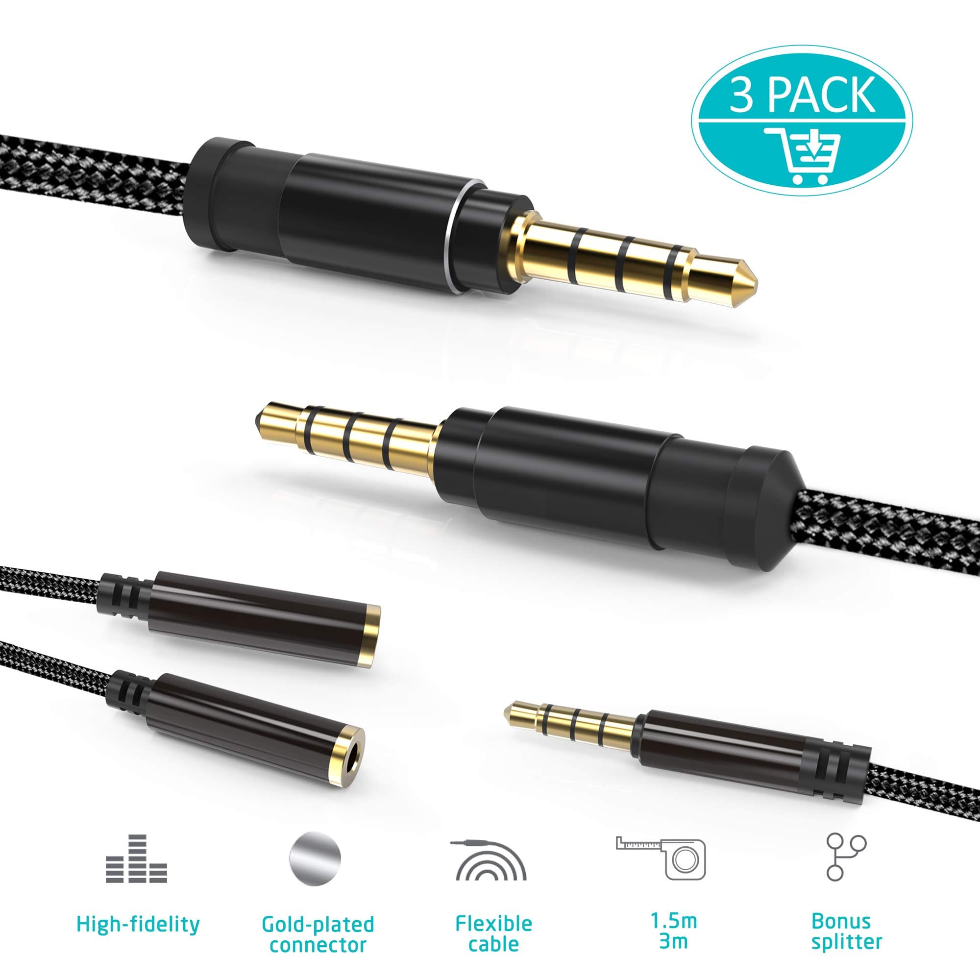 Aux Cable, Inpher Premium Auxiliary 3.5mm Jack Audio Cable 1.5M/3M 2 Pack Braided Wire Male to Male with A Free Y Splitter for iPad, iPod, iPhone, Samsung S9/S9+, Note9