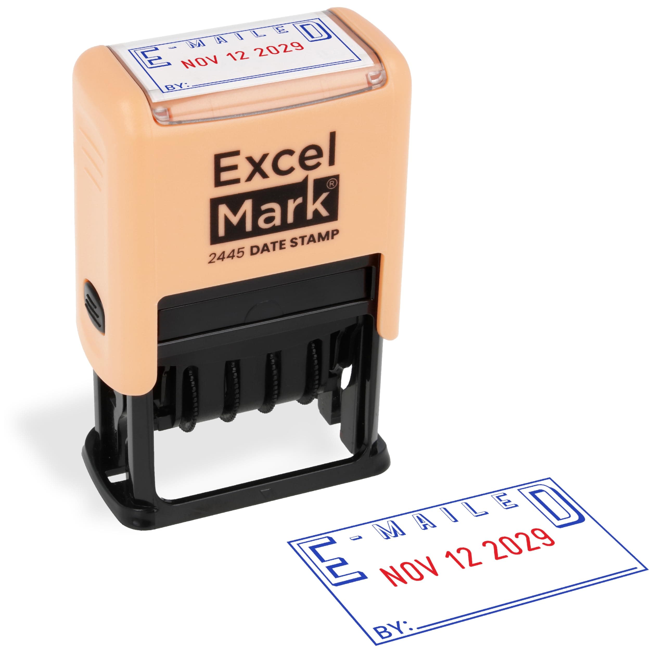 ExcelMark 2445 Date Stamp with Text - Blue and Red Ink (Peach Mount, Emailed)