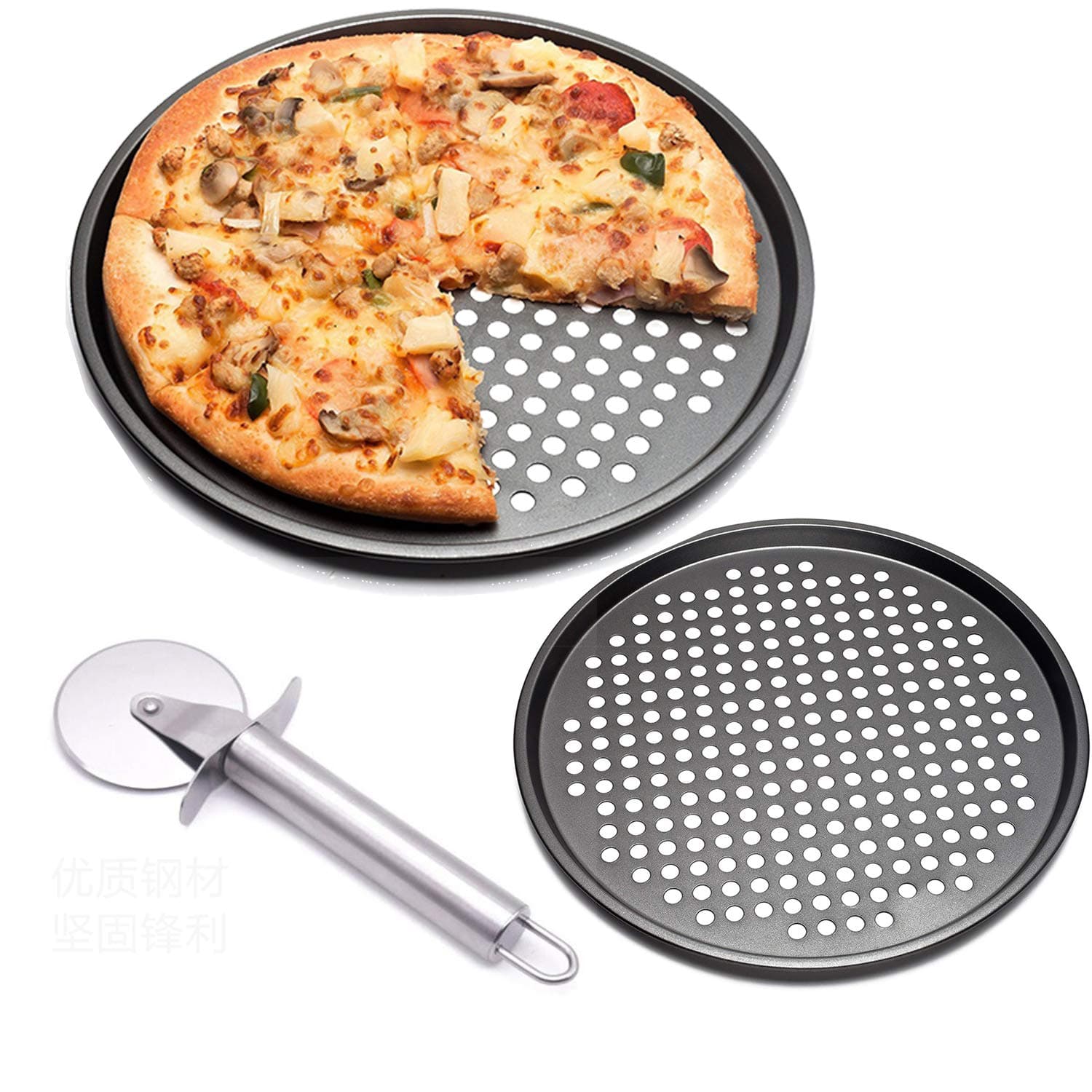 Non-Stick Bakeware, 2Pcs Pizza Baking Pans with Pizza Cutter, Pizza Pan with Holes,12 inch Round Crispy Crust Pizza Baking Tray Professional Set for Restaurant Type Pizza at Home Grill Barbecue