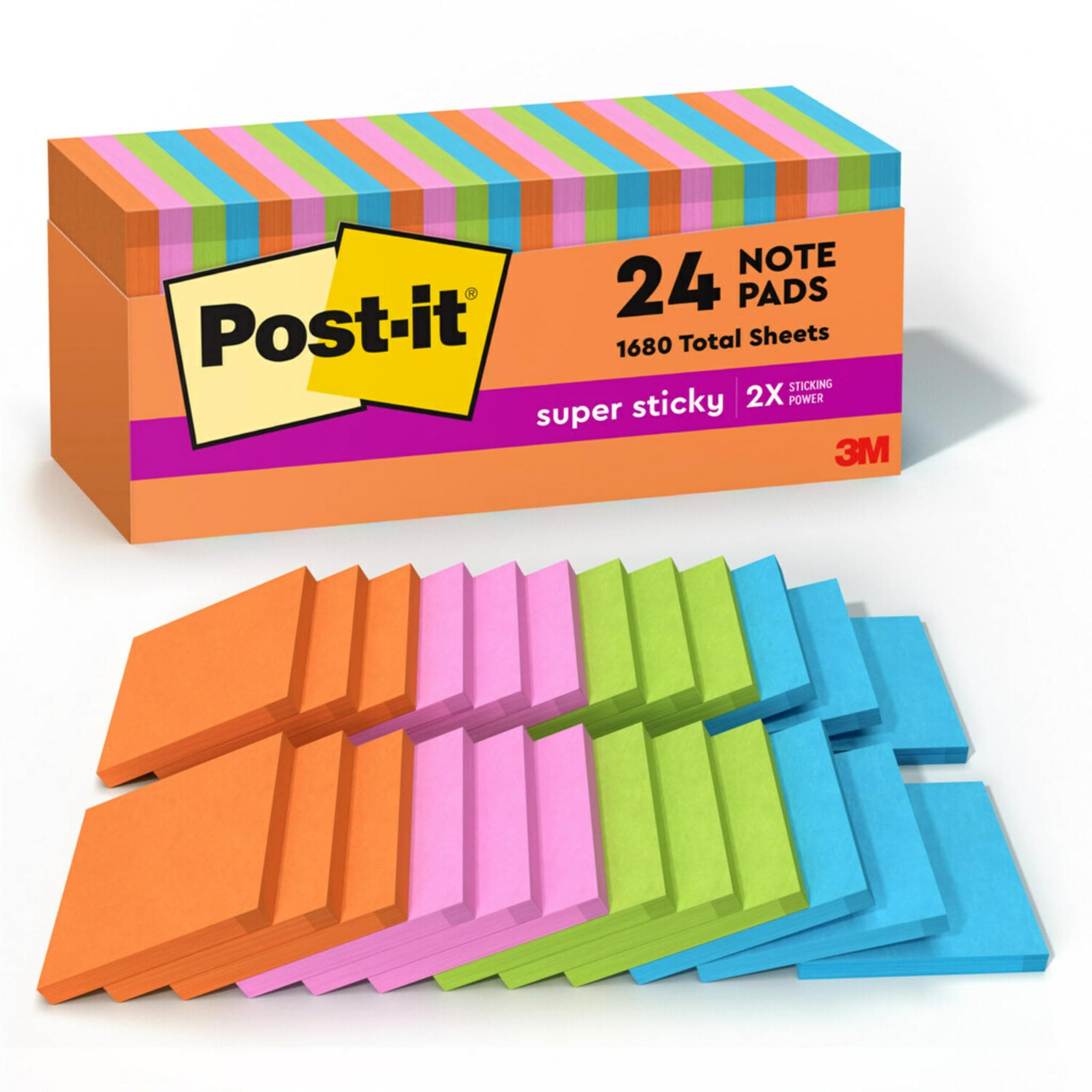 Post-it Super Sticky Notes, 24 Sticky Note Pads, 3 x 3 in., School Supplies, Office Products, Sticky Notes for Vertical Surfaces, Monitors, Walls and Windows, Energy Boost Collection