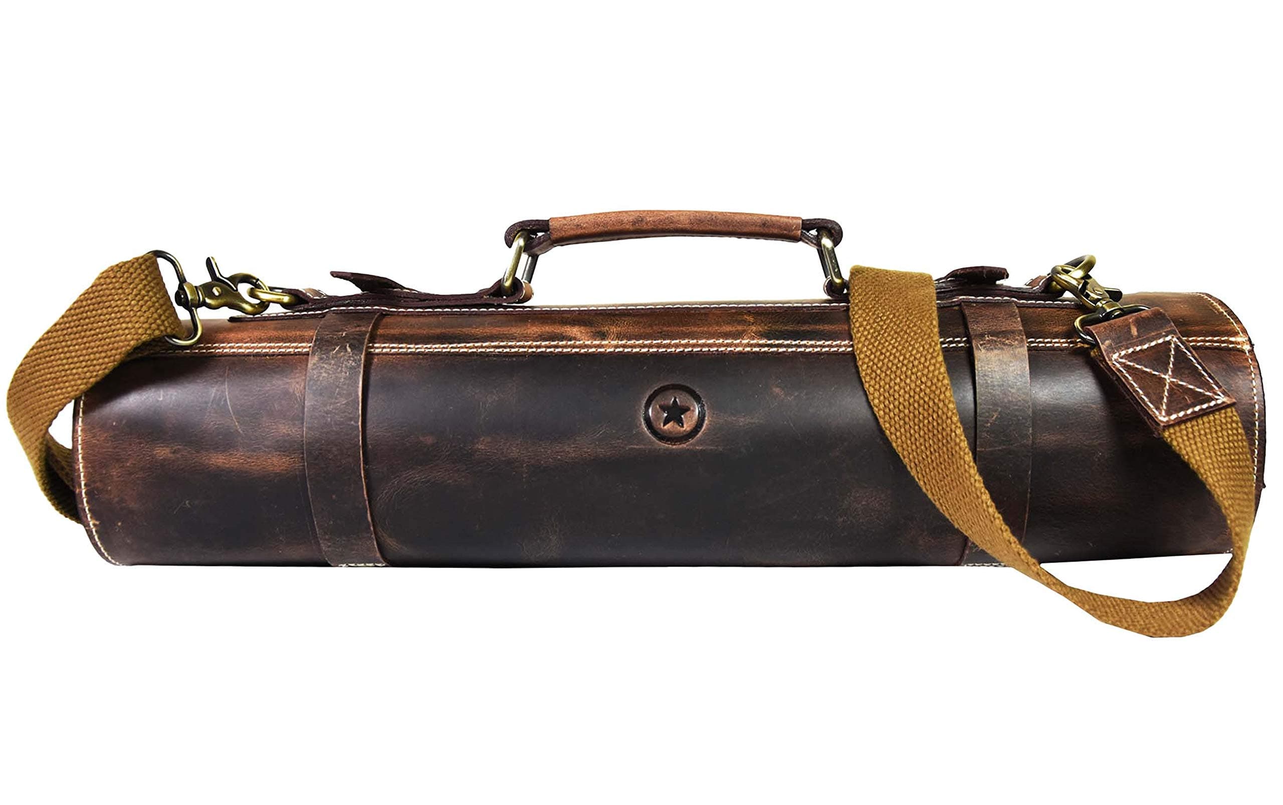 Leather Roll Knife Storage Bag | Elastic and Expandable 10 Pockets | Adjustable/Detachable Shoulder Strap | Travel-Friendly Chef Knife Case Roll By Aaron Leather Goods (Walnut)