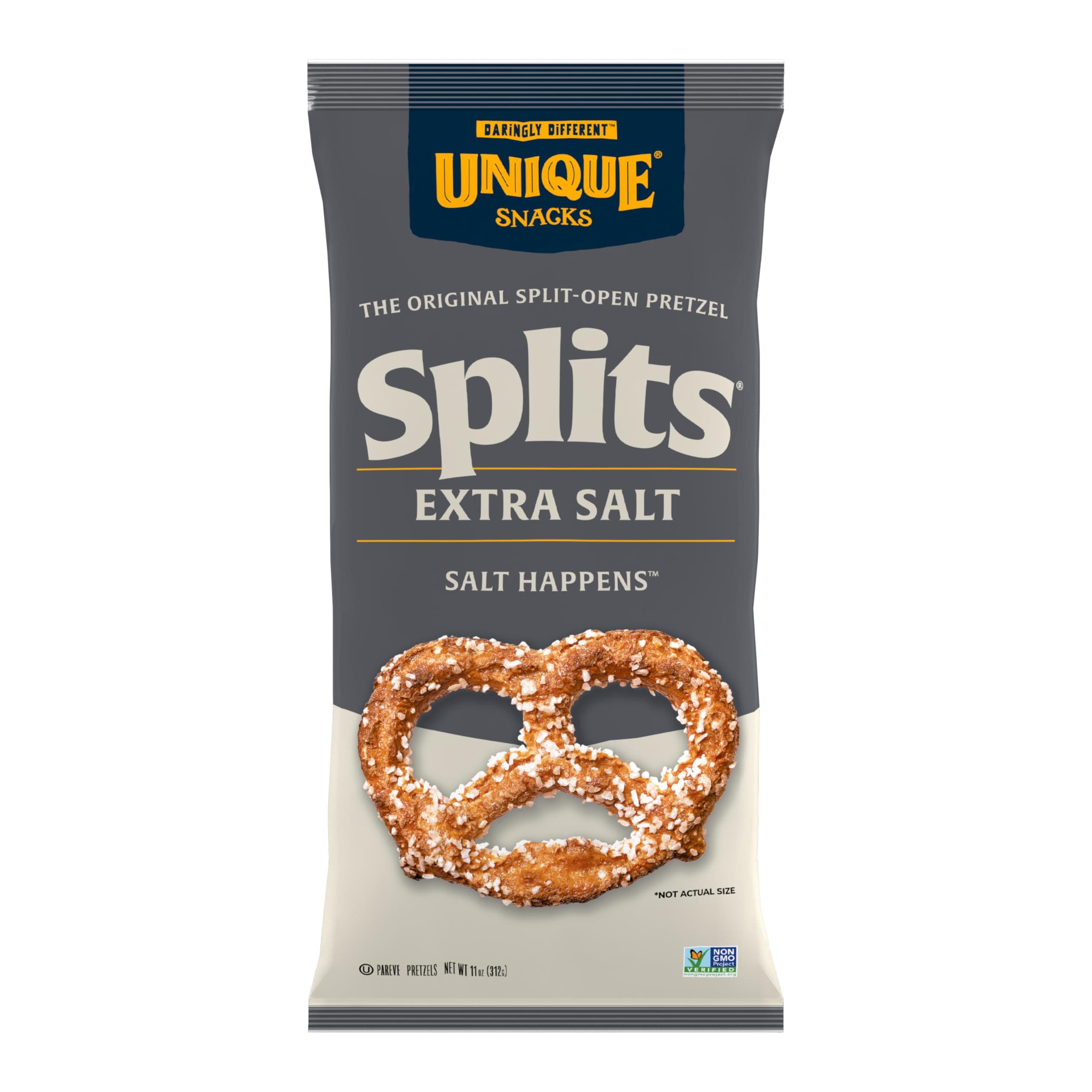 Extra Salt Splits Pretzels, Original Split-Open Pretzels, Delicious Homestyle Baked Snack Bag, OU Kosher, and Non-GMO Food, No Artificial Flavor, 11 Oz. Bag, Pack of 12