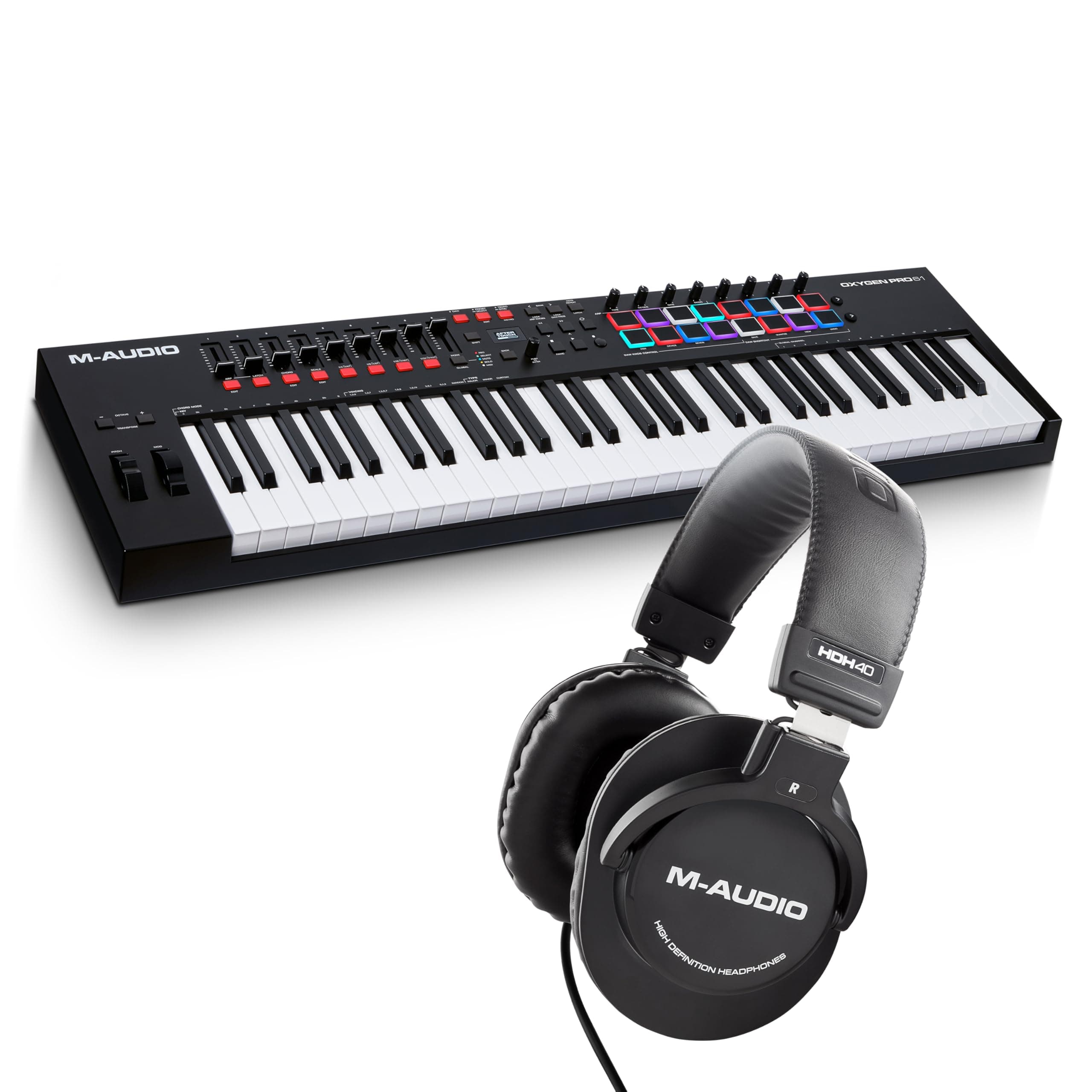 Oxygen Pro 61 – 61 Key USB MIDI Keyboard Controller With Beat Pads & HDH40 – Over Ear Studio Headphones with closed back design