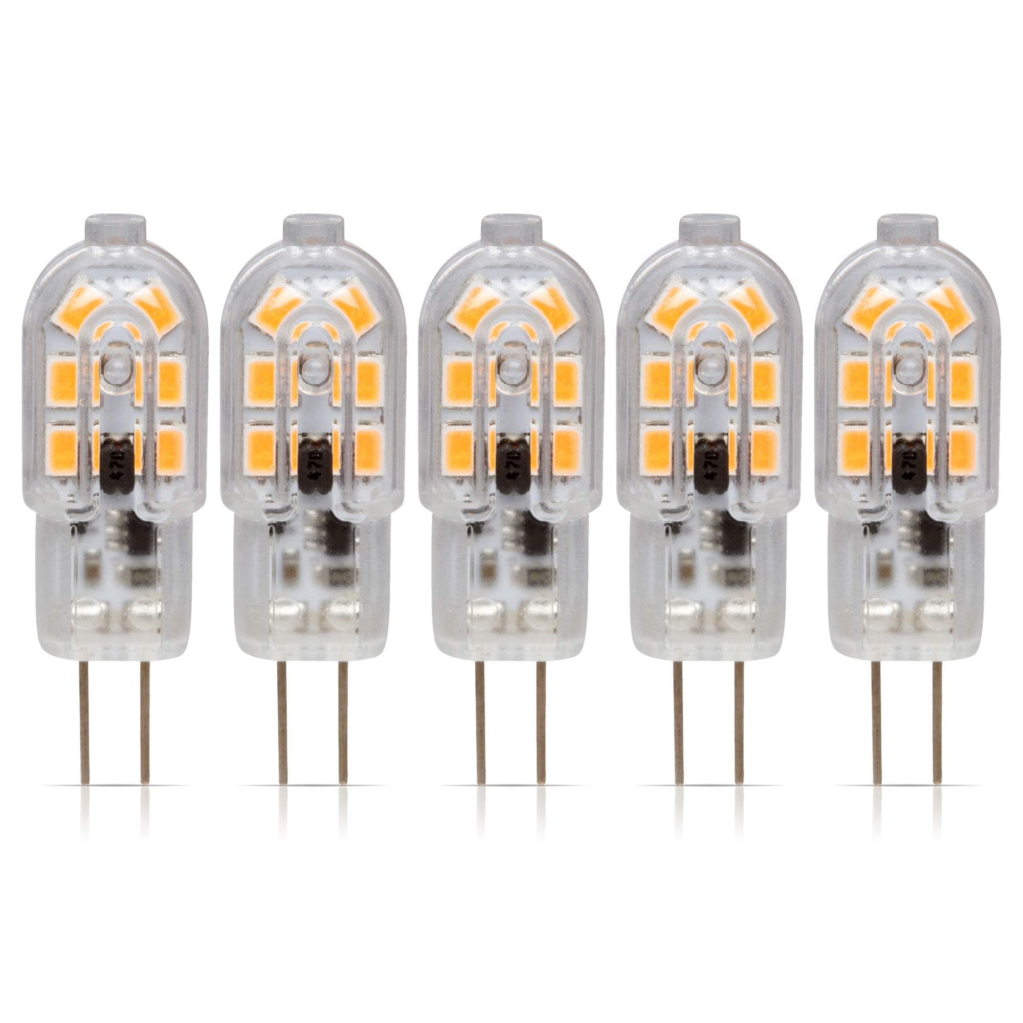 LED G4 Bulb (5 Pack) 1.5W T4 20W Halogen Replacement 12V AC/DC JC Bi-Pin Base for Accent Lights, Under Cabinet Puck Light, Chandeliers, Track Lighting, Non-Dimmable, Soft White 3000K