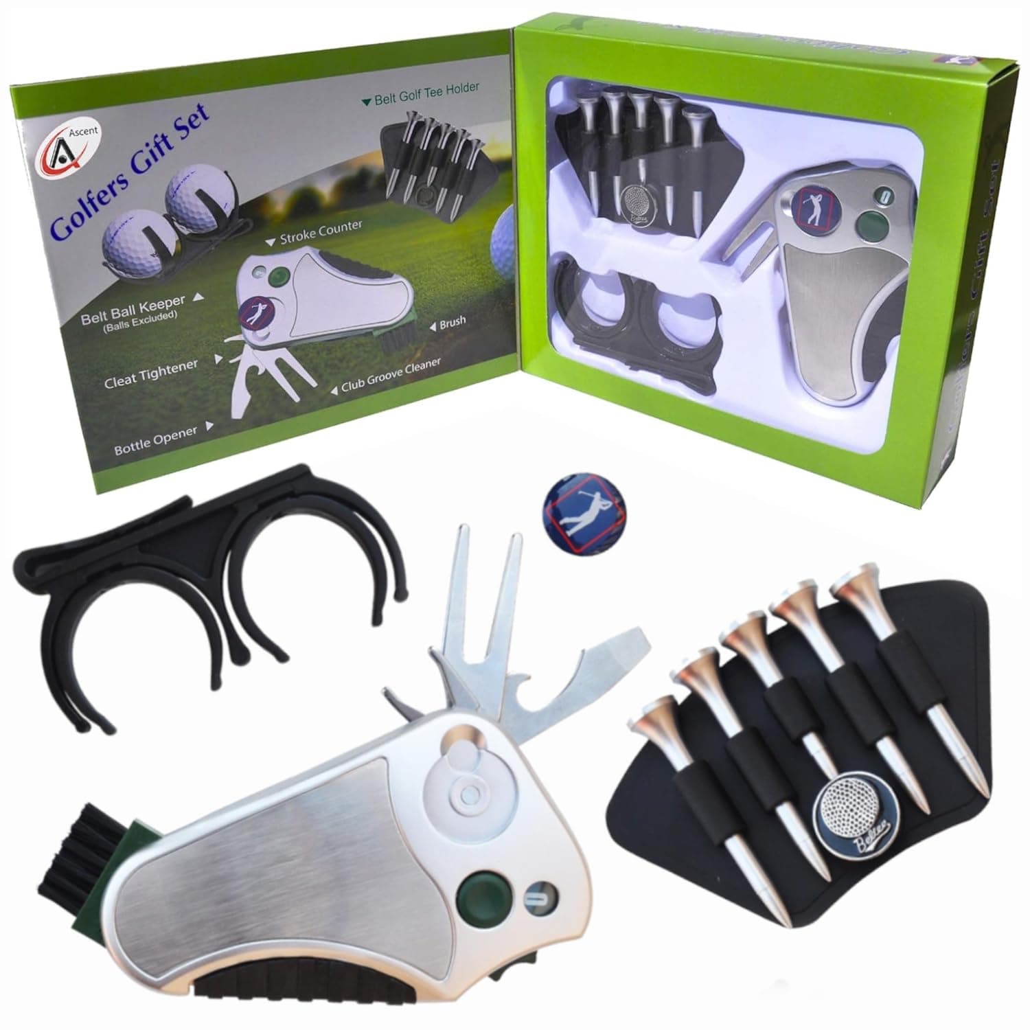 Golfer's Best Golf Gift Set: Tool - Stroke Counter, Divot Tool Repair, Brush, Ball Marker, Cleat Tightener, Club Groove Cleaner Belt Tee Holder Tees Belt Ball Holder - Gift Idea For Men Women
