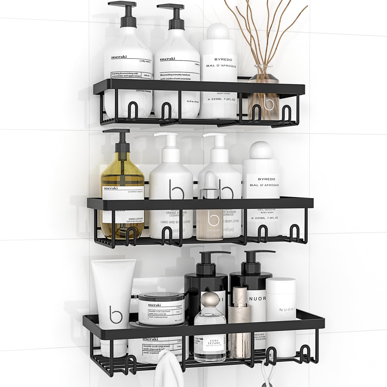 Shower Caddy 3 Pack, Shower Organizer Shelves Rack Storage for Inside Shower Black Self Adhesive Rustproof Stainless Steel Shower Shample Holder for Bathroom Wall organizing