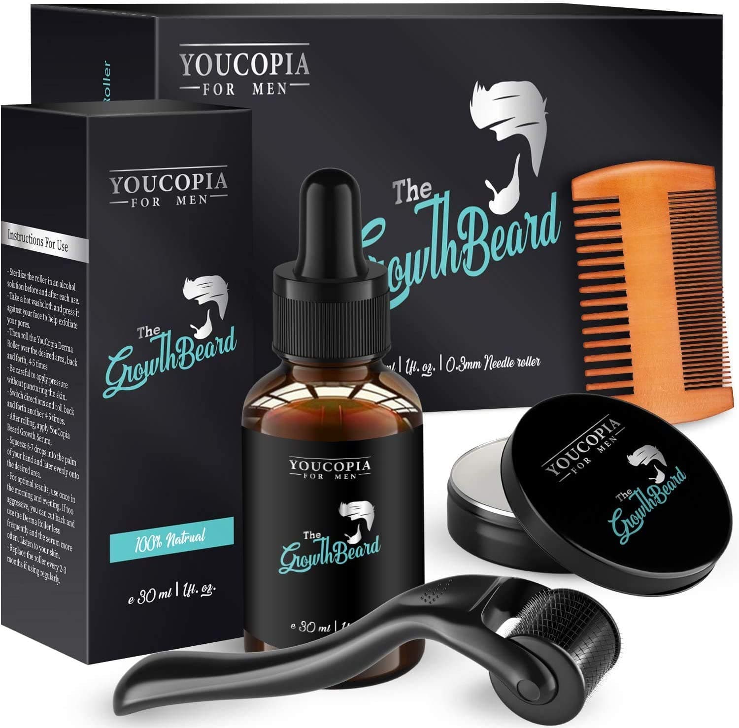 Beard Growth Kit, Beard Derma Roller & Natural Beard Growth OIl & Beard Balm Wax & Beard Comb for Men with Facial Hair Growth (4 in 1)