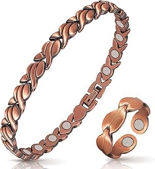 Copper Bracelets for Women Arthritis Lymph Detox Magnetic Bracelet, 100% Solid Pure Copper Bracelet with 3500 Gauss Magnets & Leaves Copper Ring with Adjustment Tool…