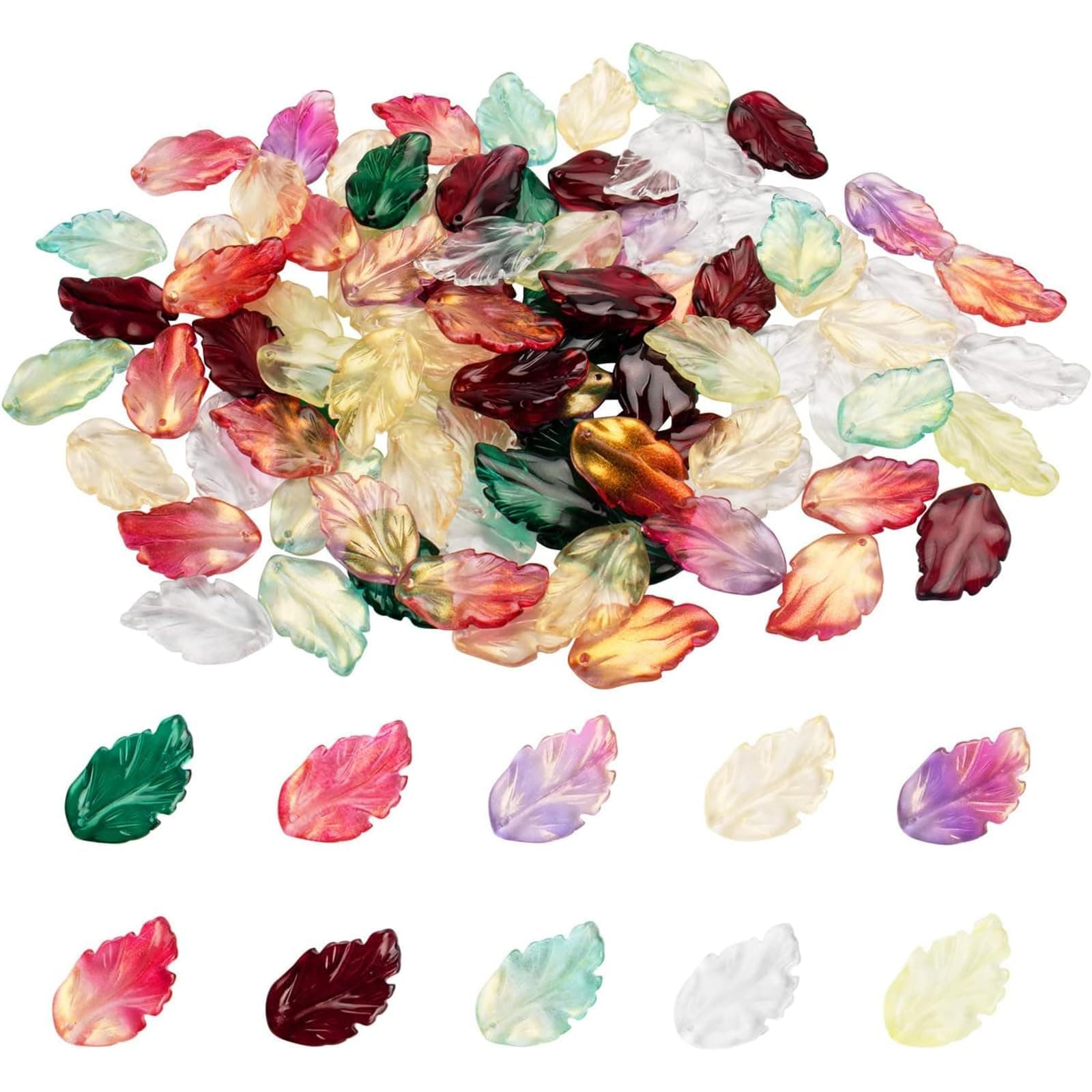 X Hot Popcorn 100 Pcs Glass Leaf Beads Leaf Shaped Beads Leaf Charms for Jewelry Making Bracelet Necklace DIY Crafts