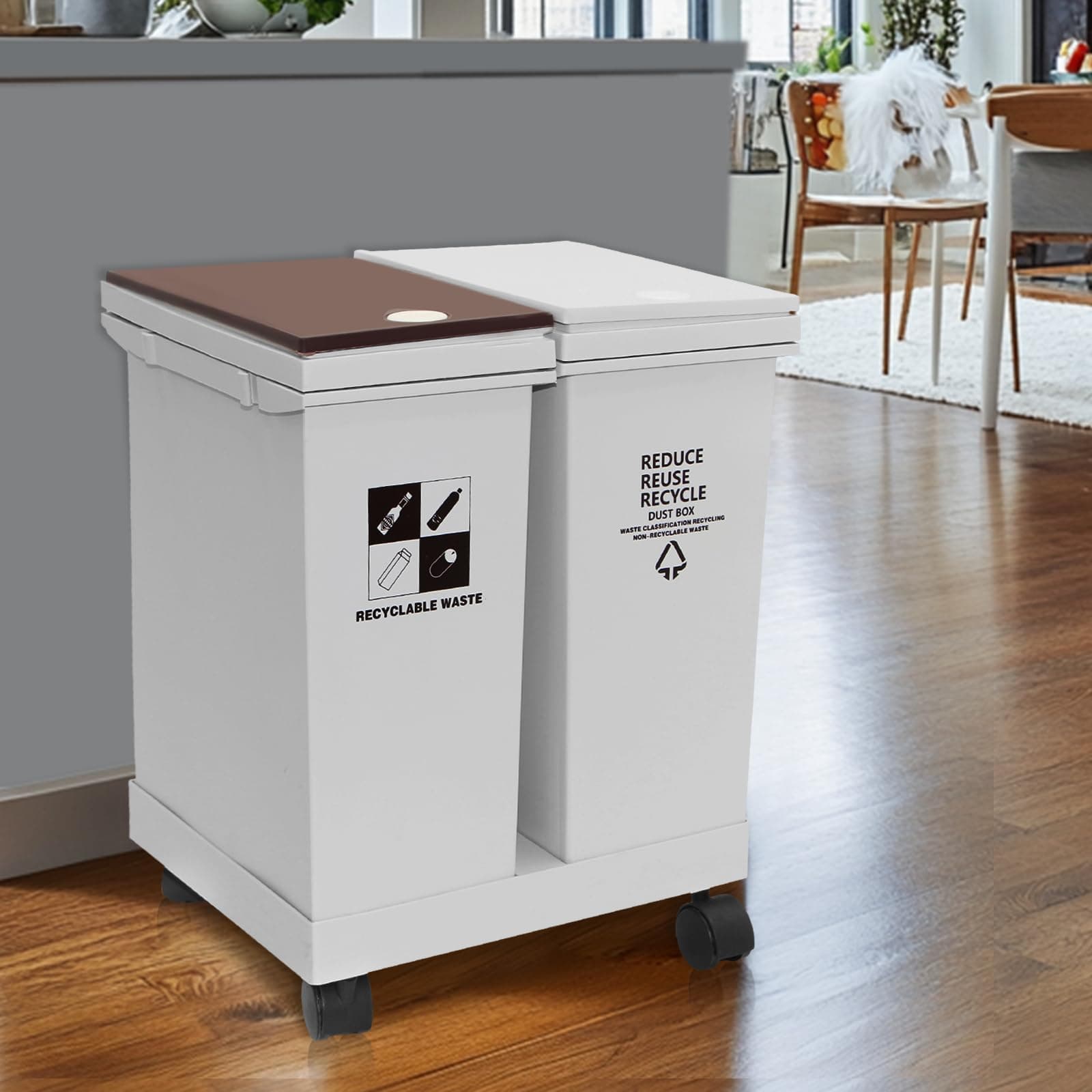 20L x 2 Compartment Trash Can with Wheels, Dual Garbage and Recycling Can with Lid, Detachable Design Sorting Dual Trash Can Kitchen, Indoor Trash and Recycling Cans, Garbage Can Double Compartment