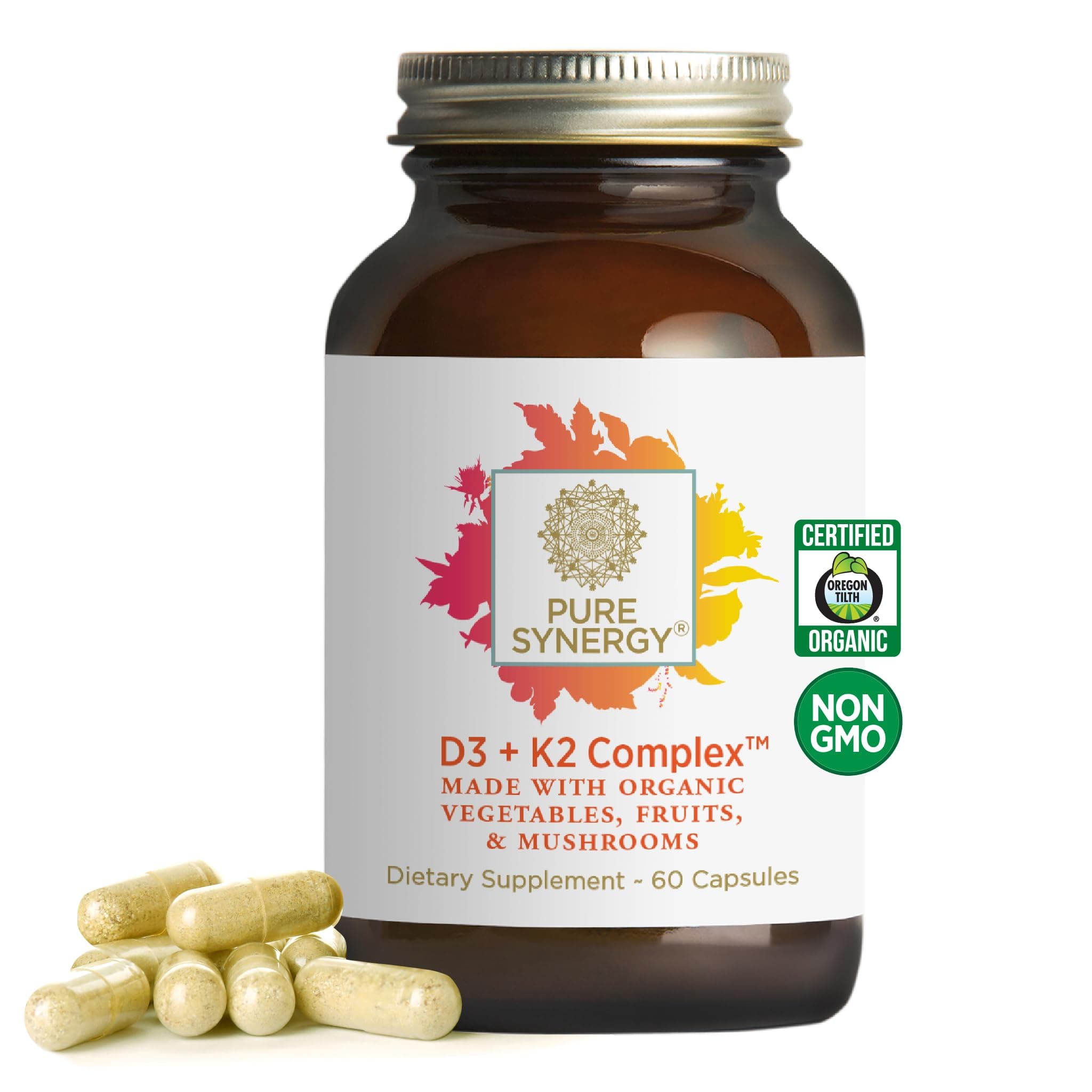 PURE SYNERGY D3 + K2 Complex | Vegan Vitamin D3 K2 Complex | Organic D3 Supplement with Vitamin K2 and K1 Plus Organic Whole Foods | Supports Bone, Brain, and Immune Health (60 Capsules)