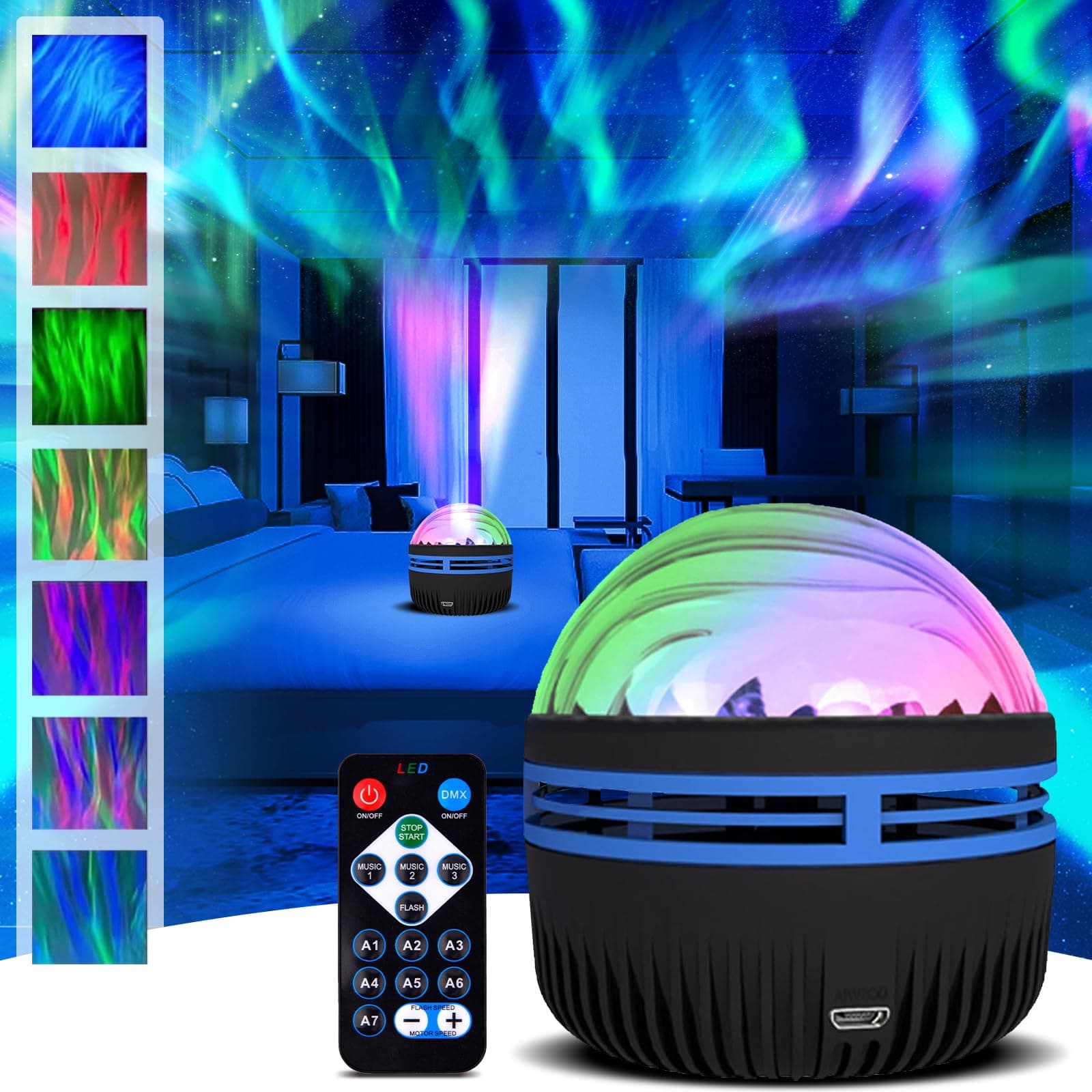 Northern Lights Projector Galaxy Projector, Star Projector Night Light with 7 Light Effects, 2 in 1 Northern Lights Ocean Wave Projector, Aurora Projector Lights for Bedroom, Kids