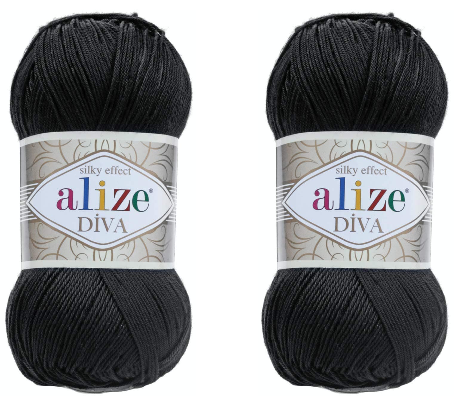 Diva Yarn 100% Microfiber Acrylic Yarn, Silk Effect, Hand Knitting & Crochet, 2 Skeins, 200gr, 767yds, Black
