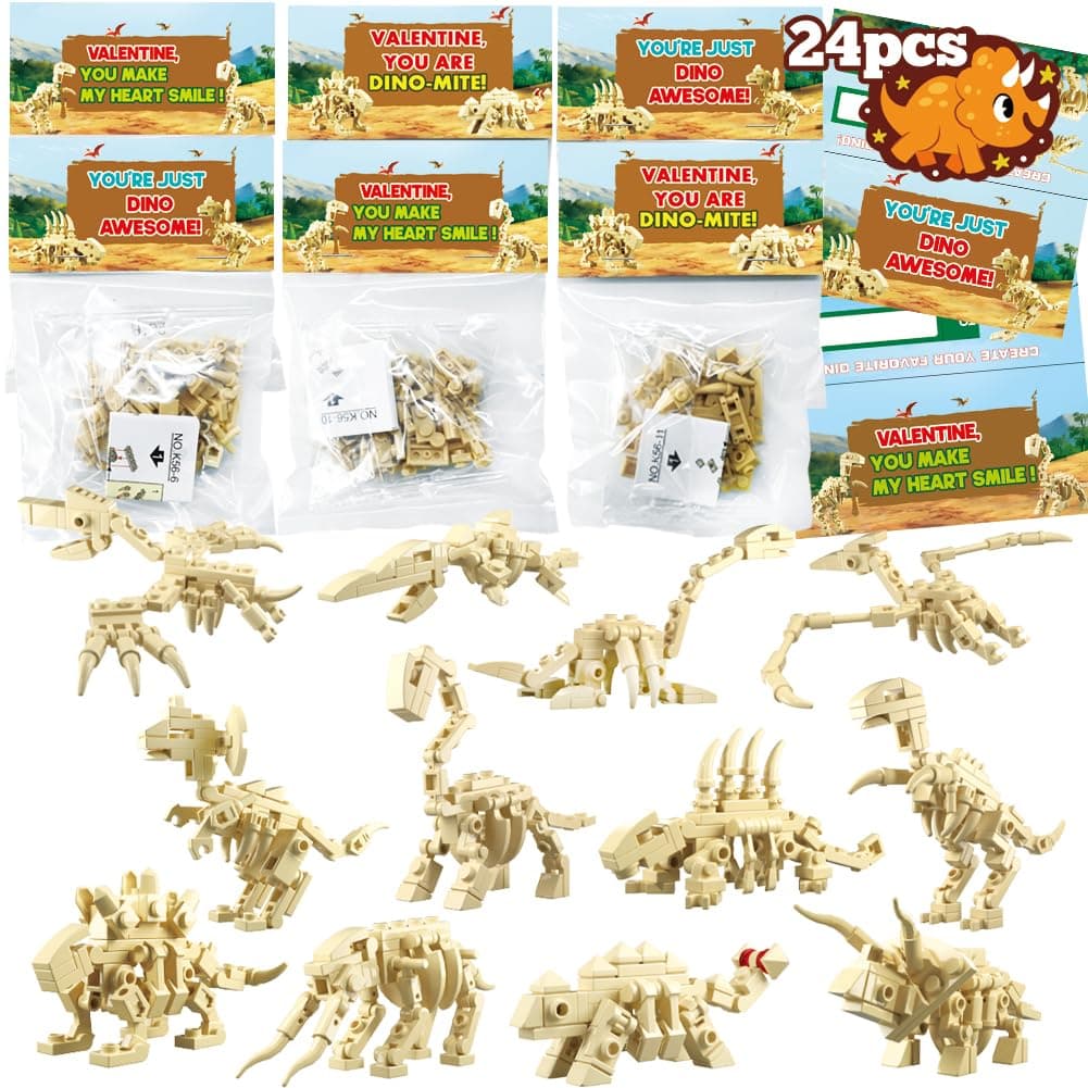 WODMAZ24 Packs Dinosaur Building Blocks for Easter Basket Stuffers, Easter Egg Hunt, Valentines Party Favors, Valentines Easter Gifts for Kids Boys Girls