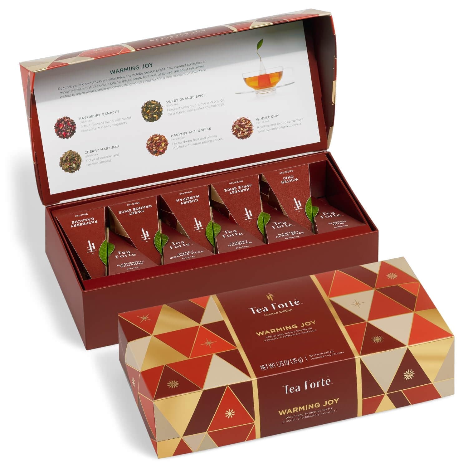 Tea Forte Warming Joy Gift Set, Holiday Spice Tea Sampler with 10 Pyramid Tea Infusers in Petite Presentation Gift Box, Organic Tea Bags Variety Pack