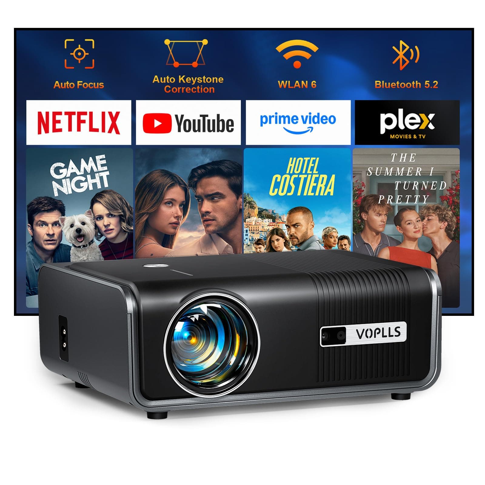 [Built-in Apps & Auto Focus/Keystone] Smart Projector with WiFi and Bluetooth, VOPLLS 4K Outdoor Projector, Portable Movie Phone Wireless Gaming Wifi Proyector for Bedroom/Home/Celling