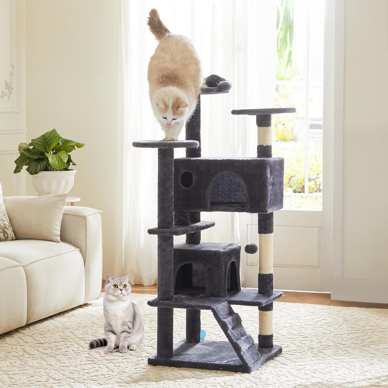 DUMOS 54-inch Indoor Cat Tree Tower –Multi-Level Pet House for Large Cats with 2 Condos, Scratching Posts, Round Platform, Small Ladder, and Toys – Perfect for Cats of All Ages, Grey