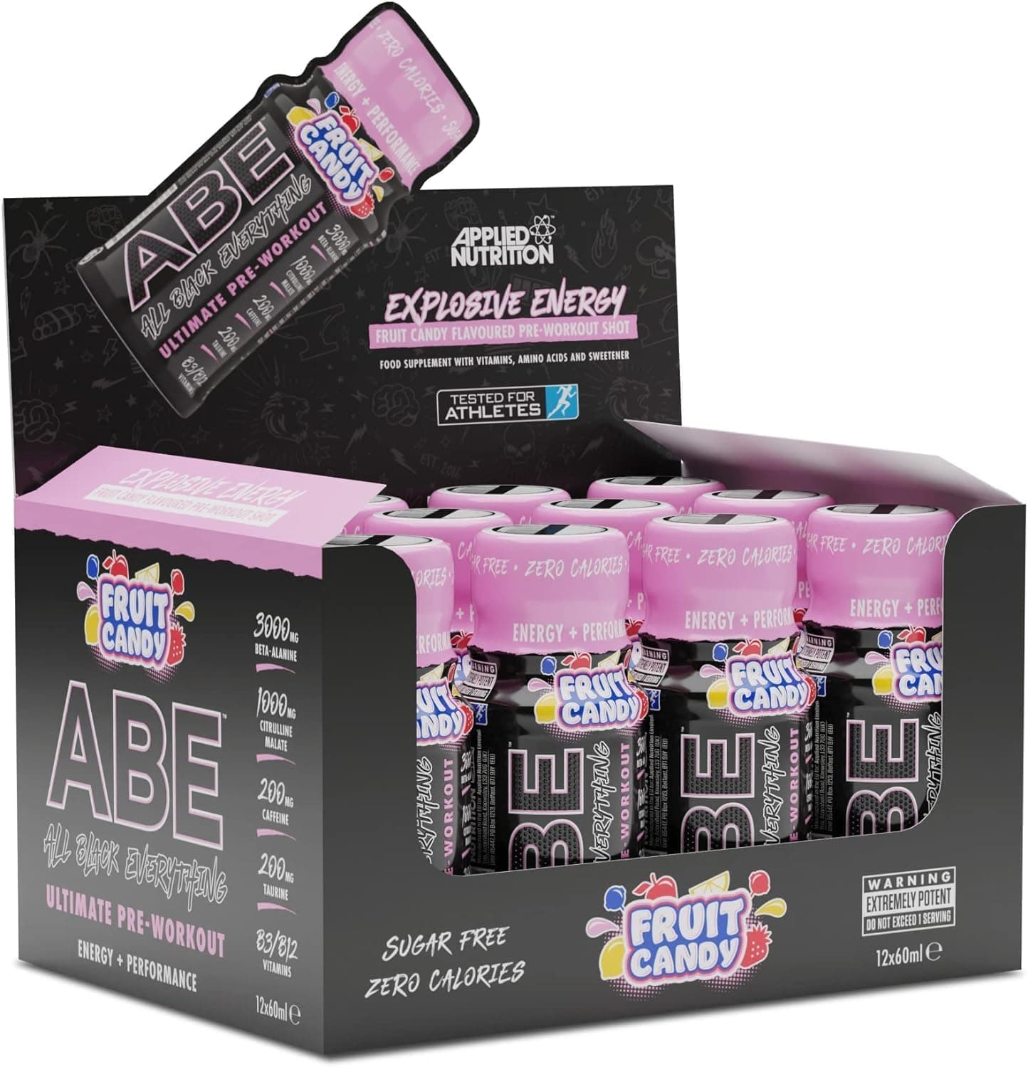 Applied Nutrition ABE Pre Workout Shot - All Black Everything Pre Workout Energy Shots, Physical Performance with Citrulline, Beta Alanine, Caffeine (Box 12 Units x 60ml) (Fruit Candy)