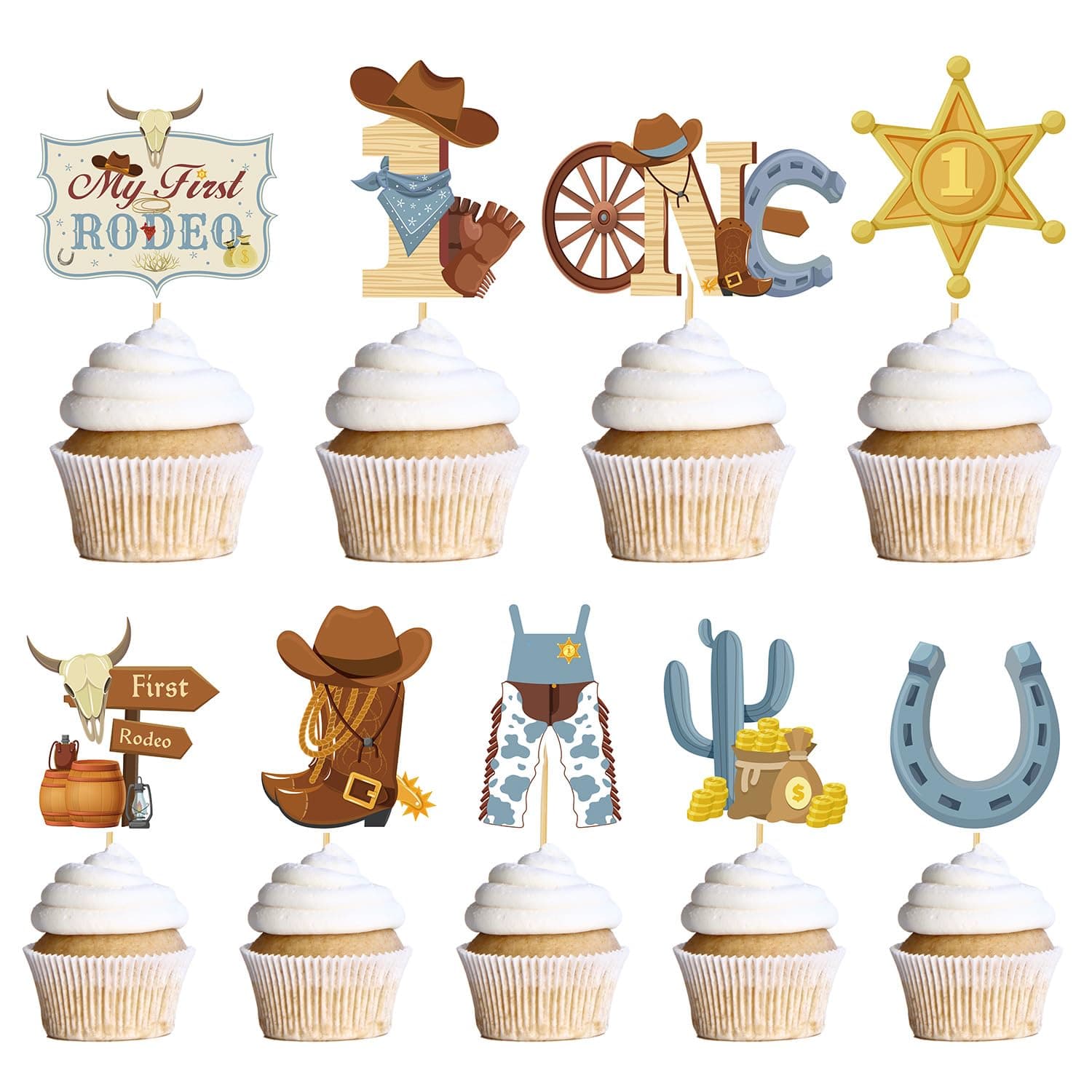 Wxiben My First Rodeo Decorations Boy, 36PCS First Rodeo Cupcake Topper Birthday Decor, Western Cowboy 1st Bday Party Cake Decor Supplies