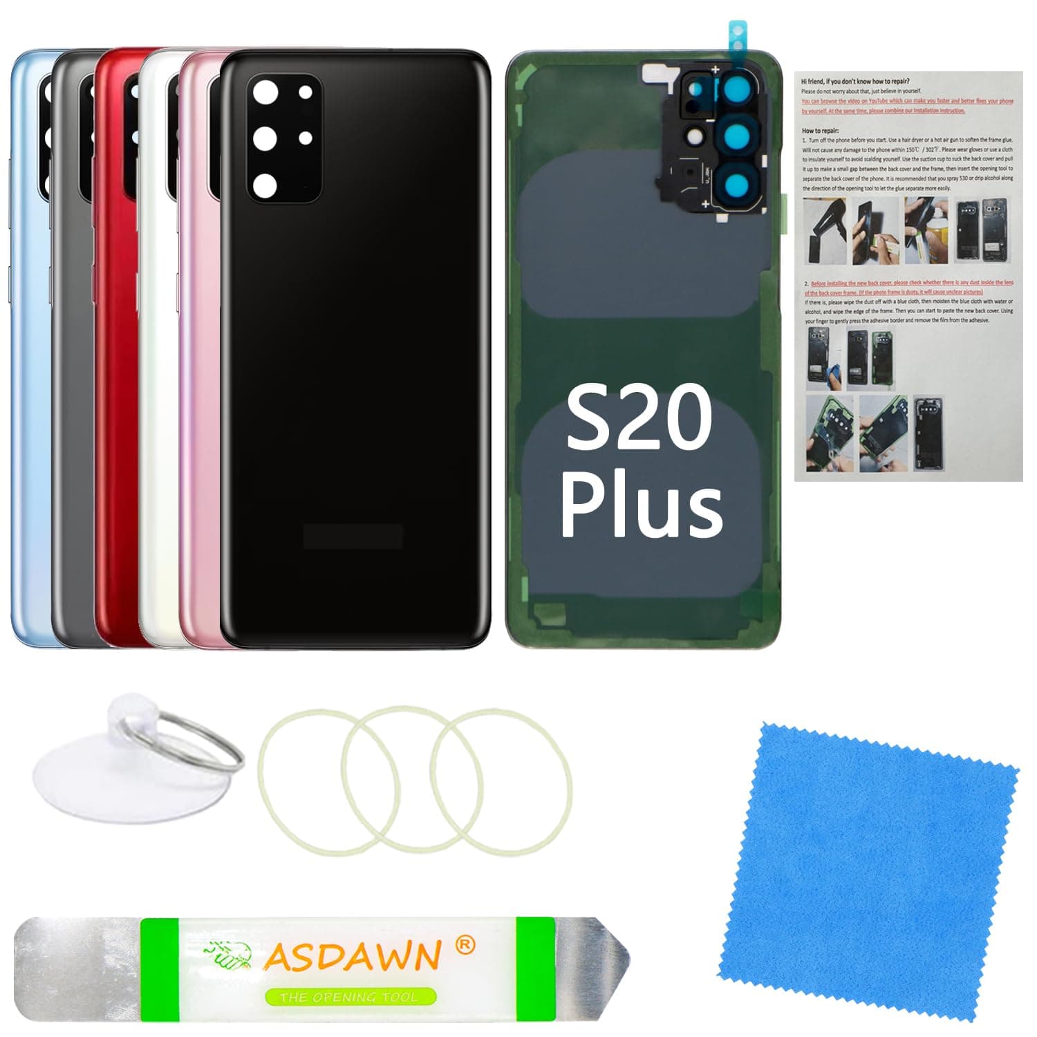 Galaxy S20+ Rear Back Glass Cover Replacement with Pre-Installed Camera Lens + Tools for Samsung Galaxy S20 Plus 5G SM-G985 SM-G986 All Carriers (Cosmic Black)