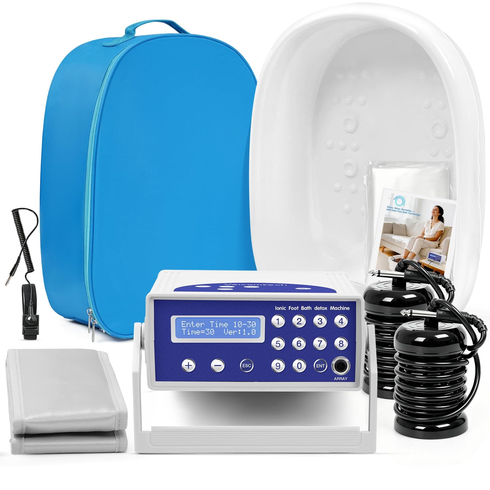 veicomtech Ionic Detox Foot Bath - Detox Foot Spa, Ionic Foot Bath Detox Machine Chi Cleanse with Tub, Wrist Strap, Far Infrared Waistbelt, 2 Arrays, Blue Bag