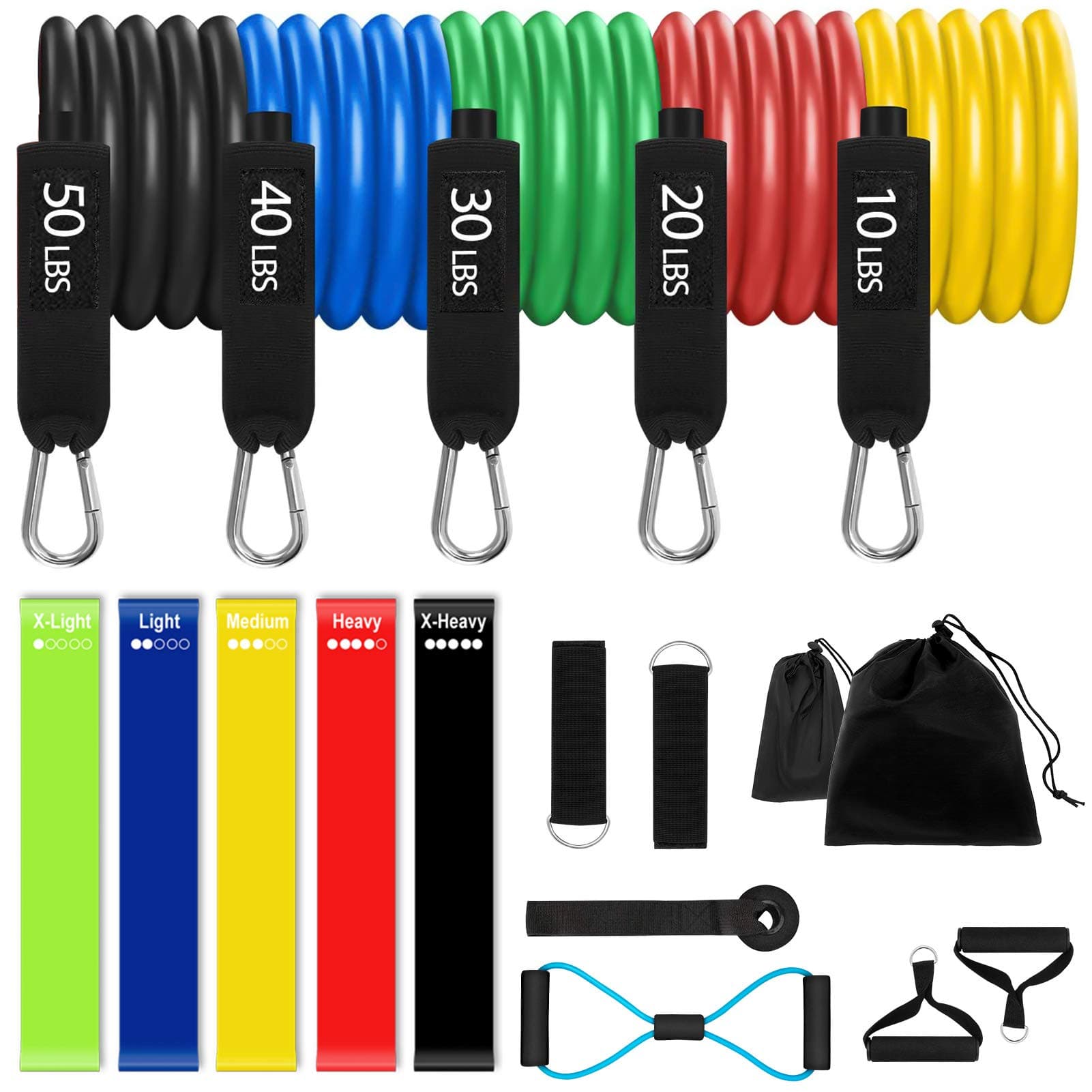 18 PCS Set Portable Exercise Resistance Band Set -5 Loop Resistance Bands/Figure 8 Exercise Bands/5 Pull up Stackable Exercise Bands with Handles, with Door Anchor, Ankle Straps, Carrying Case 150LB