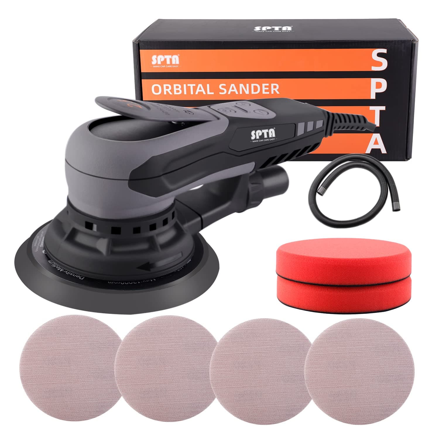Random Orbital Sander, SPTA 380 W Sanding Disc Diameter 150 mm, 2.5 mm Orbit for Coarse and Intermediate Sanding Includes Sanding Discs, Speed Control, Dust Collection Bag, Velcro Sandpaper