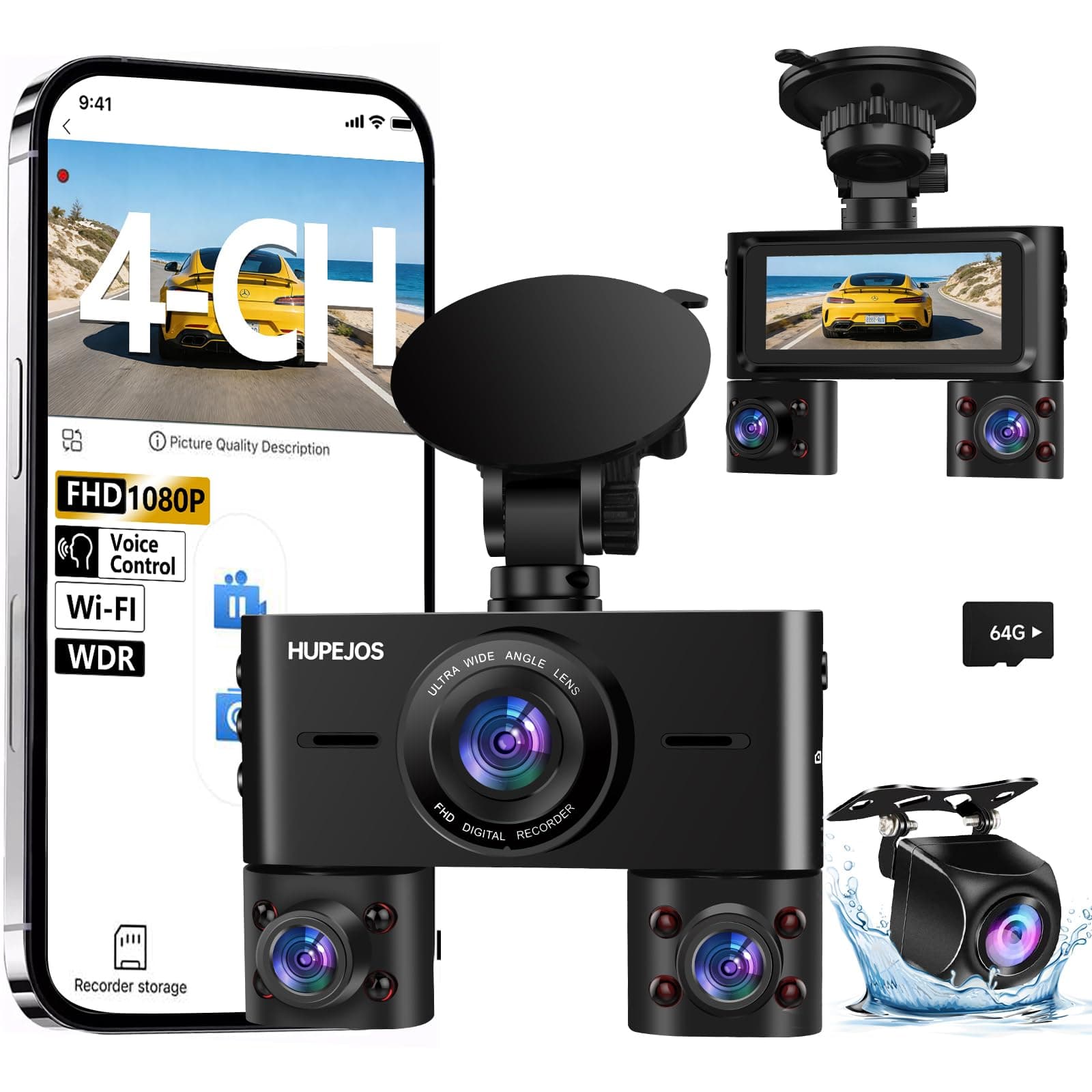 360 Dash Cam Front and Rear Inside, 4 Channel Dash Camera for Cars FHD 1080Px4, Built-in Wi-Fi, 3.16” IPS Screen, WDR Night Vision, Voice Control, Included 64GB Card, 24H Parking Mode