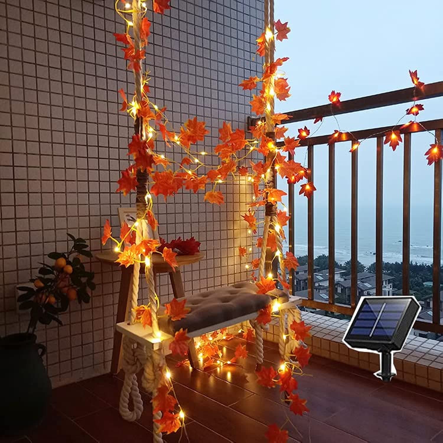 AUTOYSUR Thanksgiving Decorations Lighted Fall Garland, Maple Leaves String Lights Solar Powered 32.8 Ft 100 LED Fall Lights for Indoor Outdoor Holiday Autumn Home Party Halloween Decor