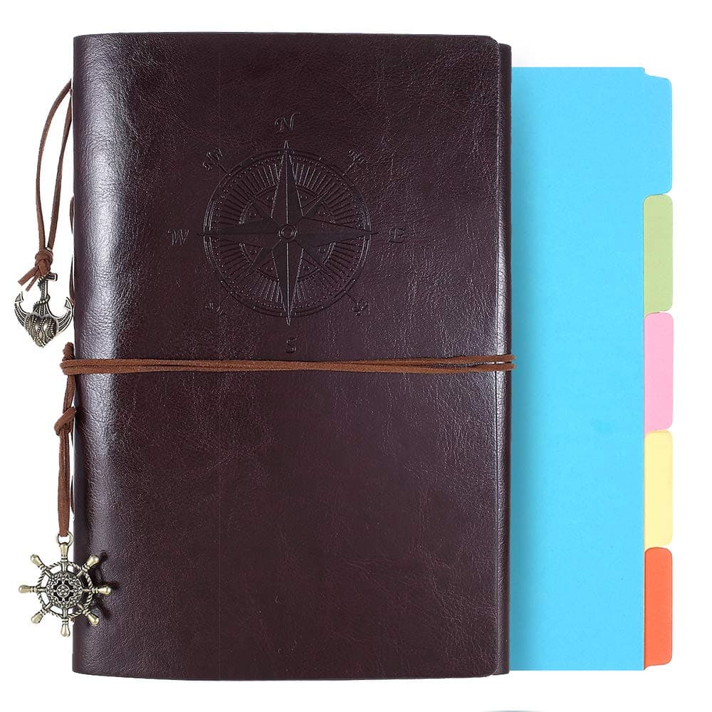 Leather Journal, Refillable Notebook Vintage Spiral Bound Notepad Diary Travel Journal to Write in for Women Men with Lined Pages and 5 Colored Dividers, A5, Coffee