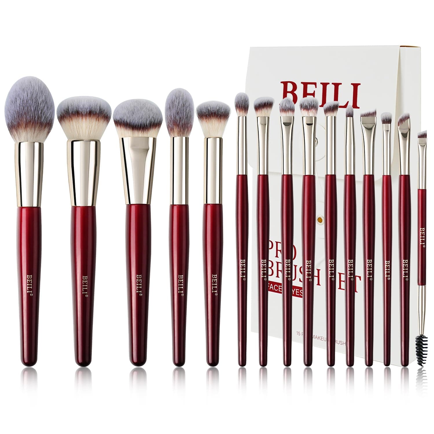 BEILI Makeup Brushes 15Pcs Professional Eyeshadow Brush Set Premium Synthetic Makeup Brushes for Liquid, Cream & Powder Eyeshadow(Red)
