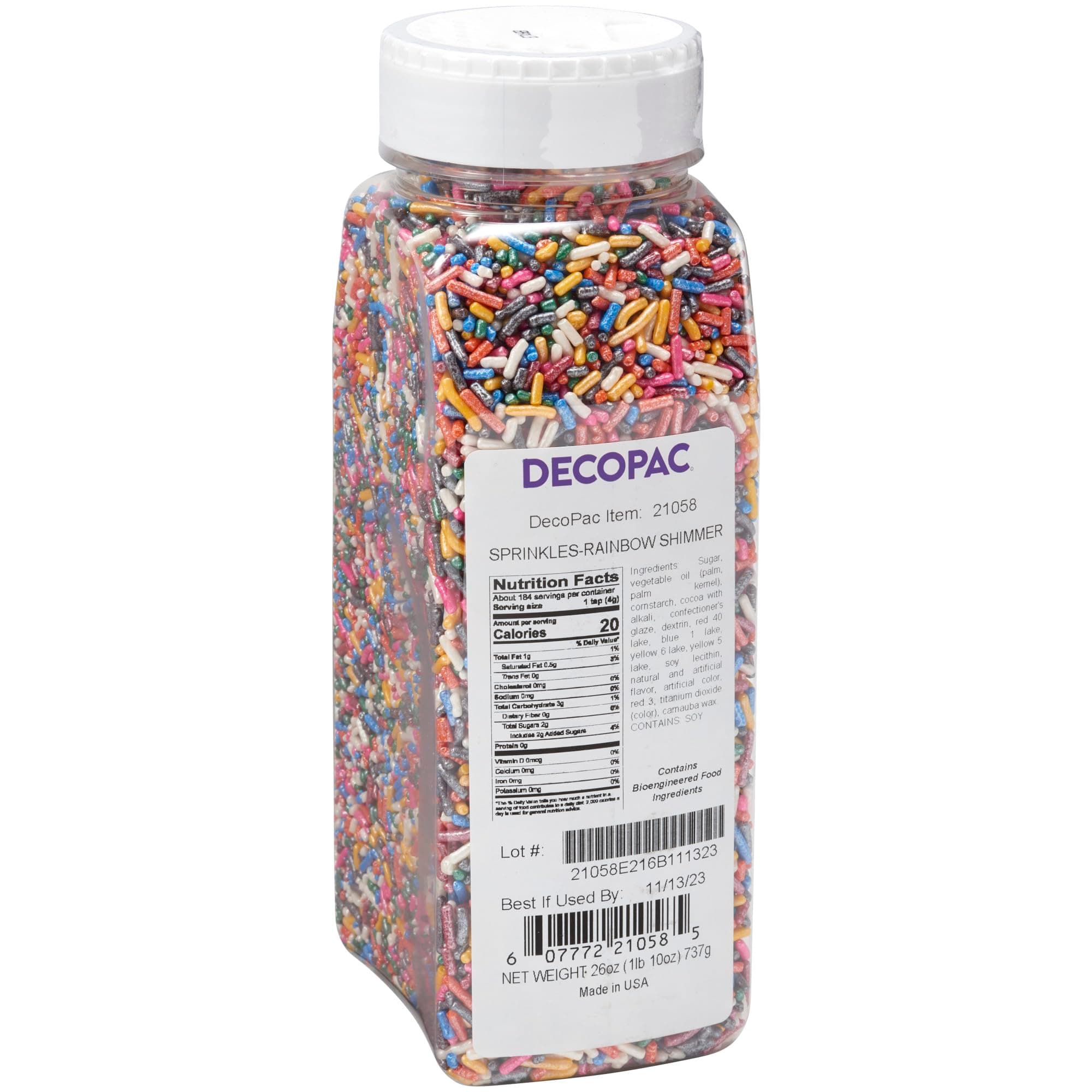 DecoPac Rainbow Shimmer Sprinkles | Extra Large 26oz Pack | Cake Sprinkle Mix, Fancy Sprinkles For Cake Decorating, Handheld Container, Candy Sprinkles, Cake Sprinkles - Multi-colored Shimmer