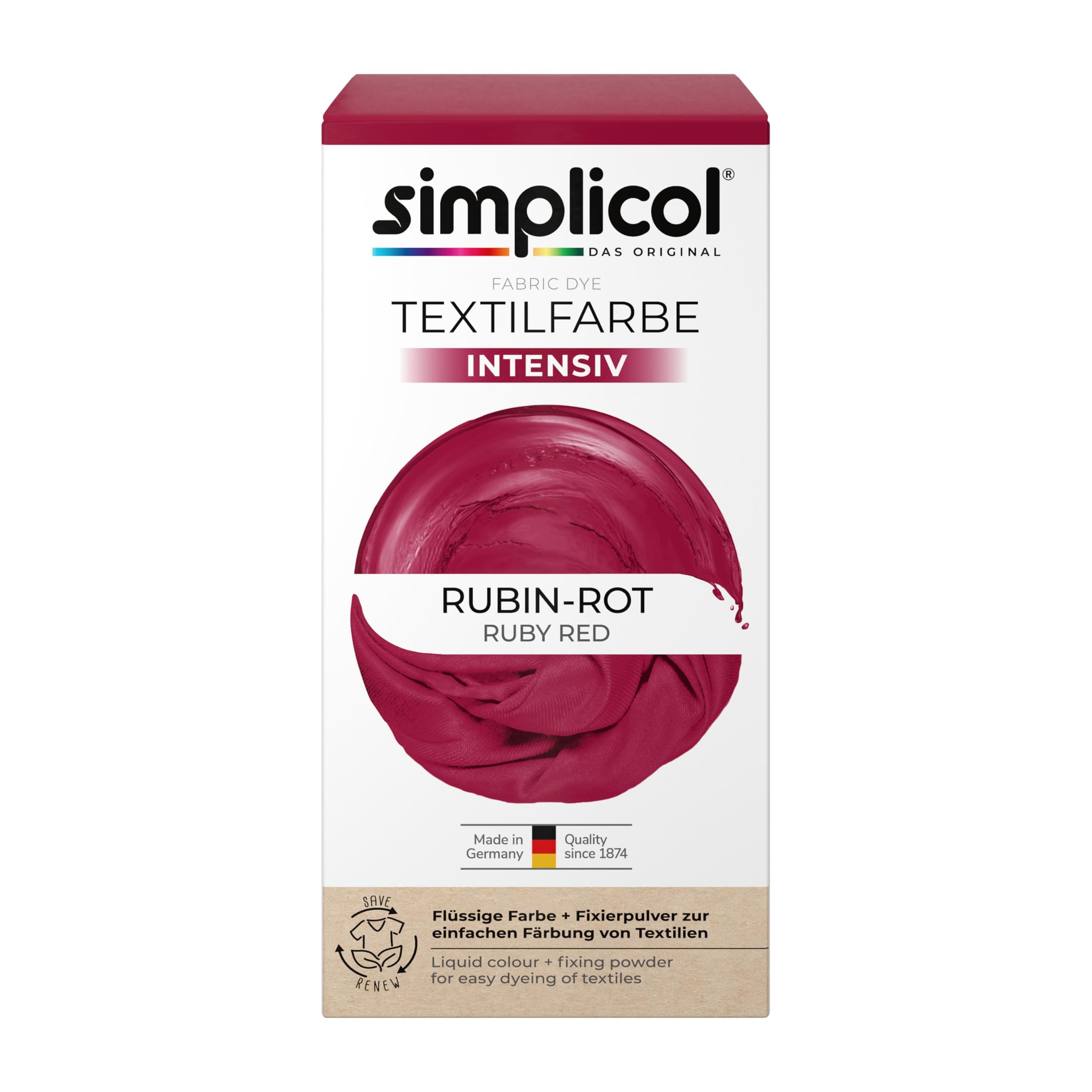 Simplicol Intensive (18 Colours) 1804: Easy Fabric Dying Machine – Complete Pack with dye and Fixing Powder, Liquid Powder – Ruby Red (16 x 6.2 x 8 cm