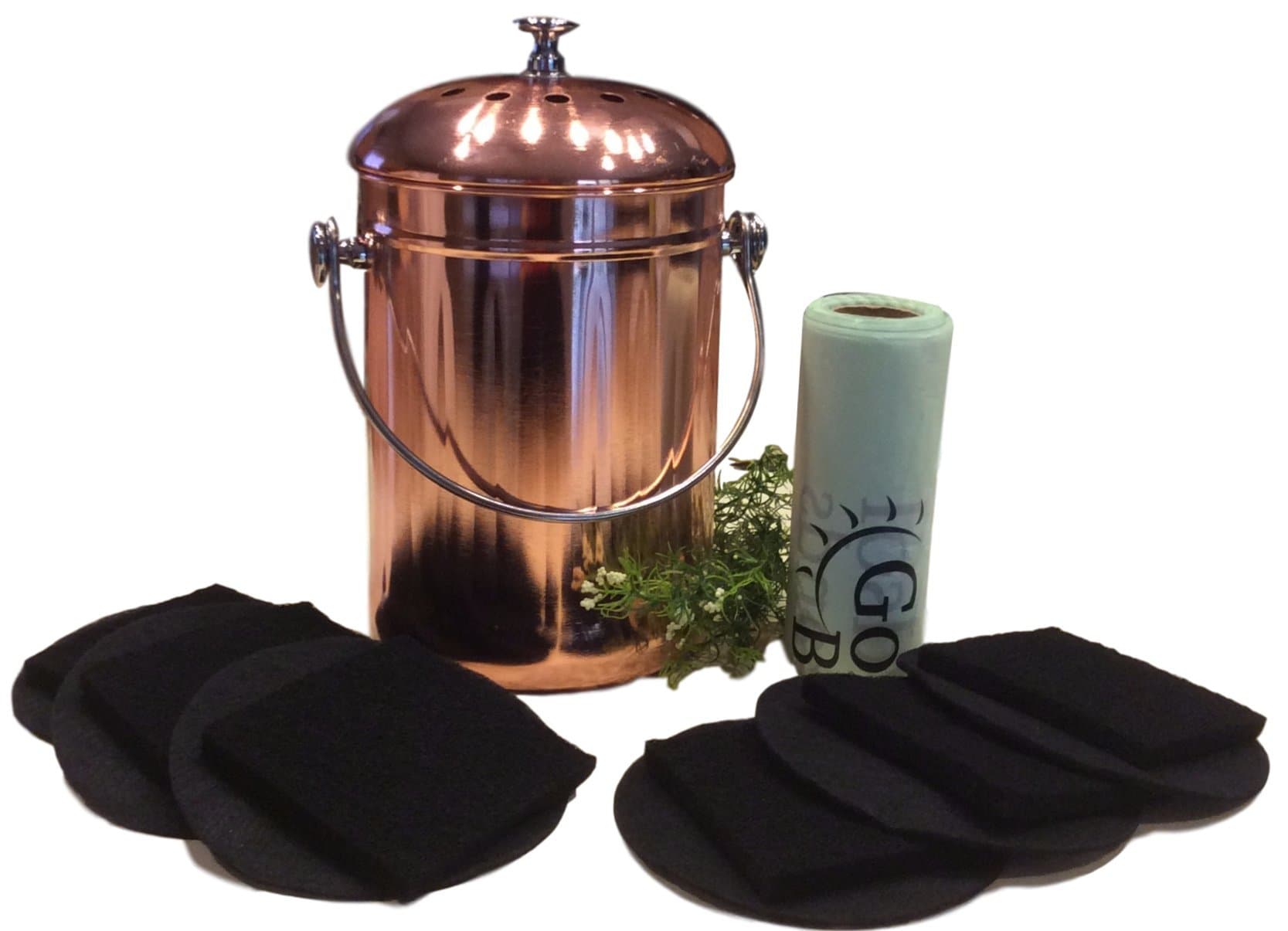 Kitchen Compost Pail Bin for Countertop, Leakproof Food Scrap Container, Stainless Steel with Copper Plating, 1 Gallon, Comes with Bonus 1 Year's Worth of Dual Charcoal Filters and Compost Pail Bags