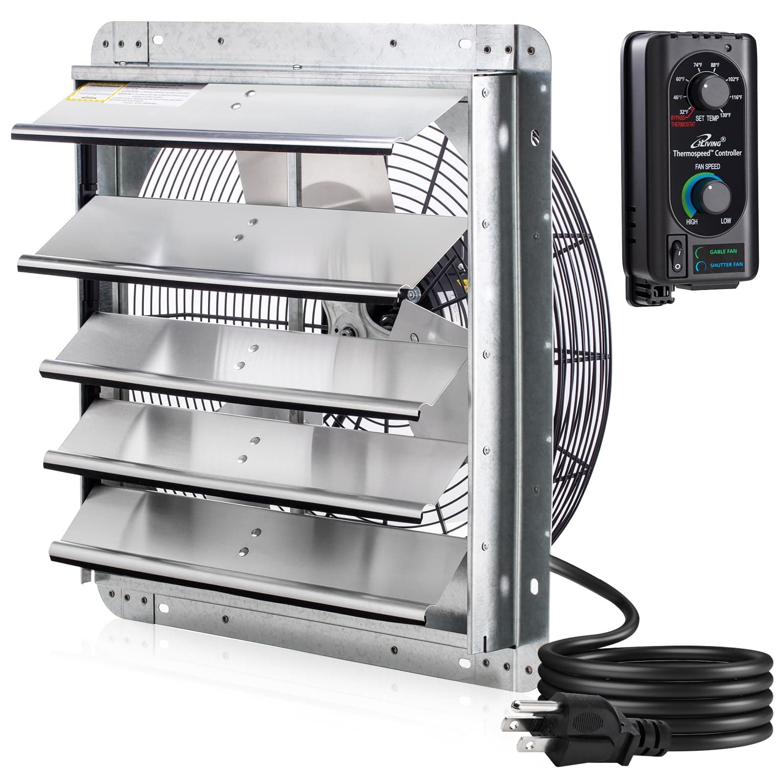 iLIVING 18" Wall Mounted Shutter Exhaust Fan, Automatic Shutter, with Thermostat and Variable Speed controller, 0.85A, 1736 CFM, 2600 SQF Coverage Area Silver (ILG8SF18V-ST)