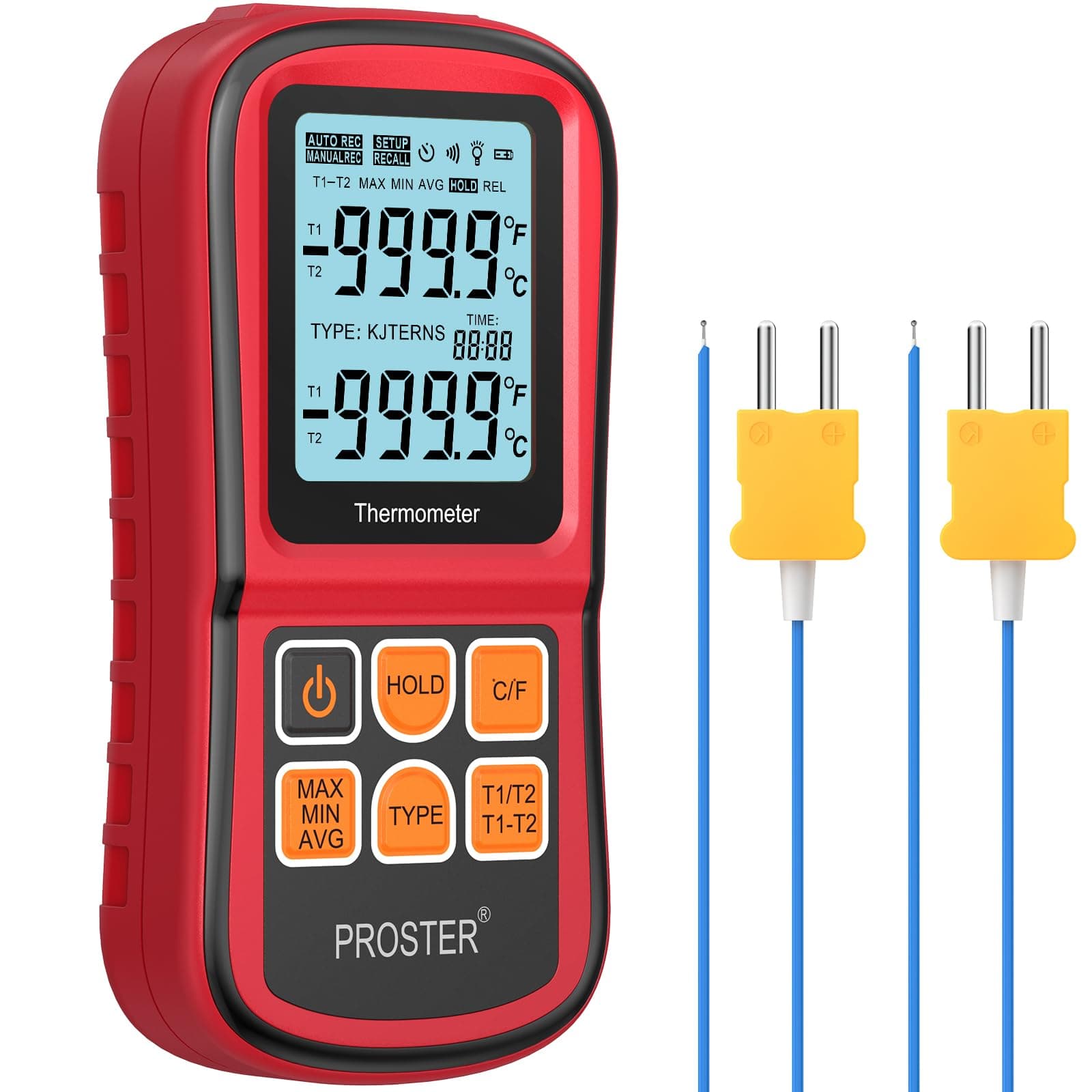 Proster Digital Dual-channel LCD Backlight Temperature Meter Tester Thermometer with Two K- type Thermocouples for K/J/T/E/R/S/N Type