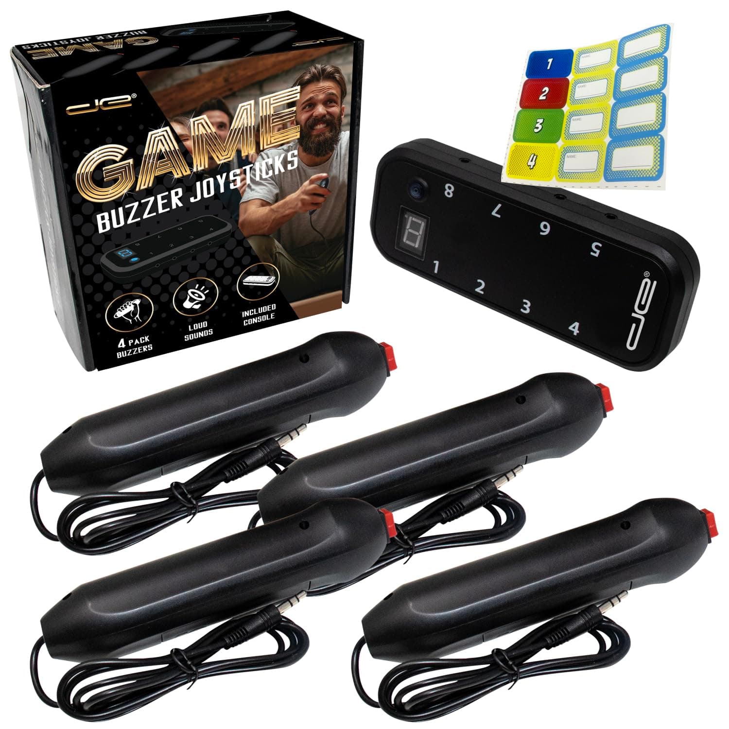 Digital Energy Handheld Game System - Console Displays First Buzz-in - Great for Jeopardy, Family Feud, Trivia and Buzzer Games - Console with 4 Joystick Buzzers